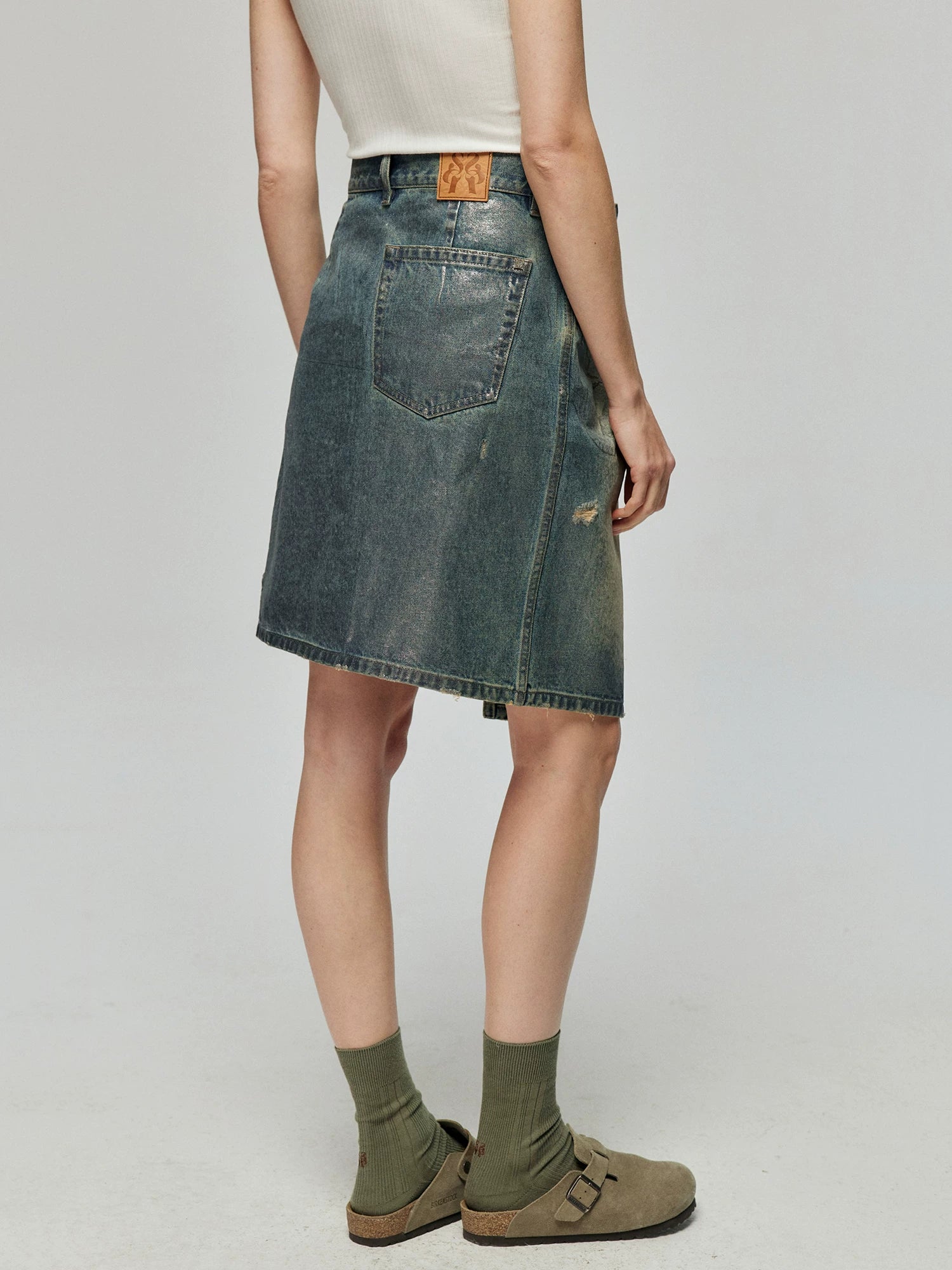 Distressed Denim Wrap Midi Skirt