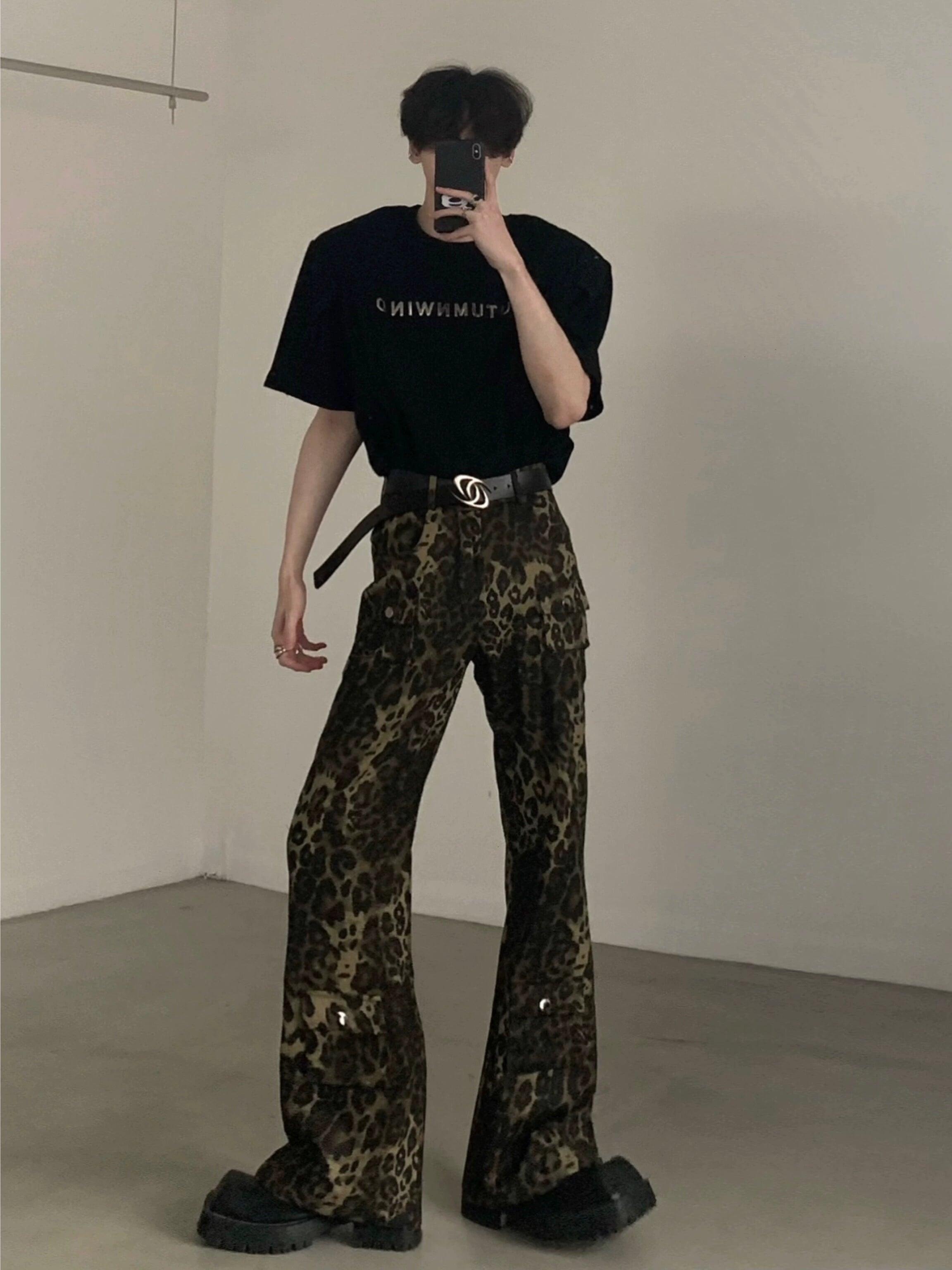 레오파드 프린트 와이드 레그 카고 팬츠