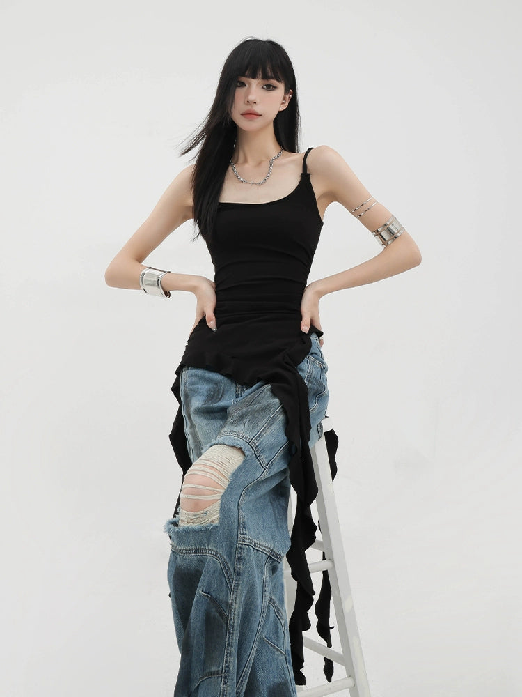 Black Asymmetric Ribbon Strap Tank Top With Ruffle Edge Design - chiclara