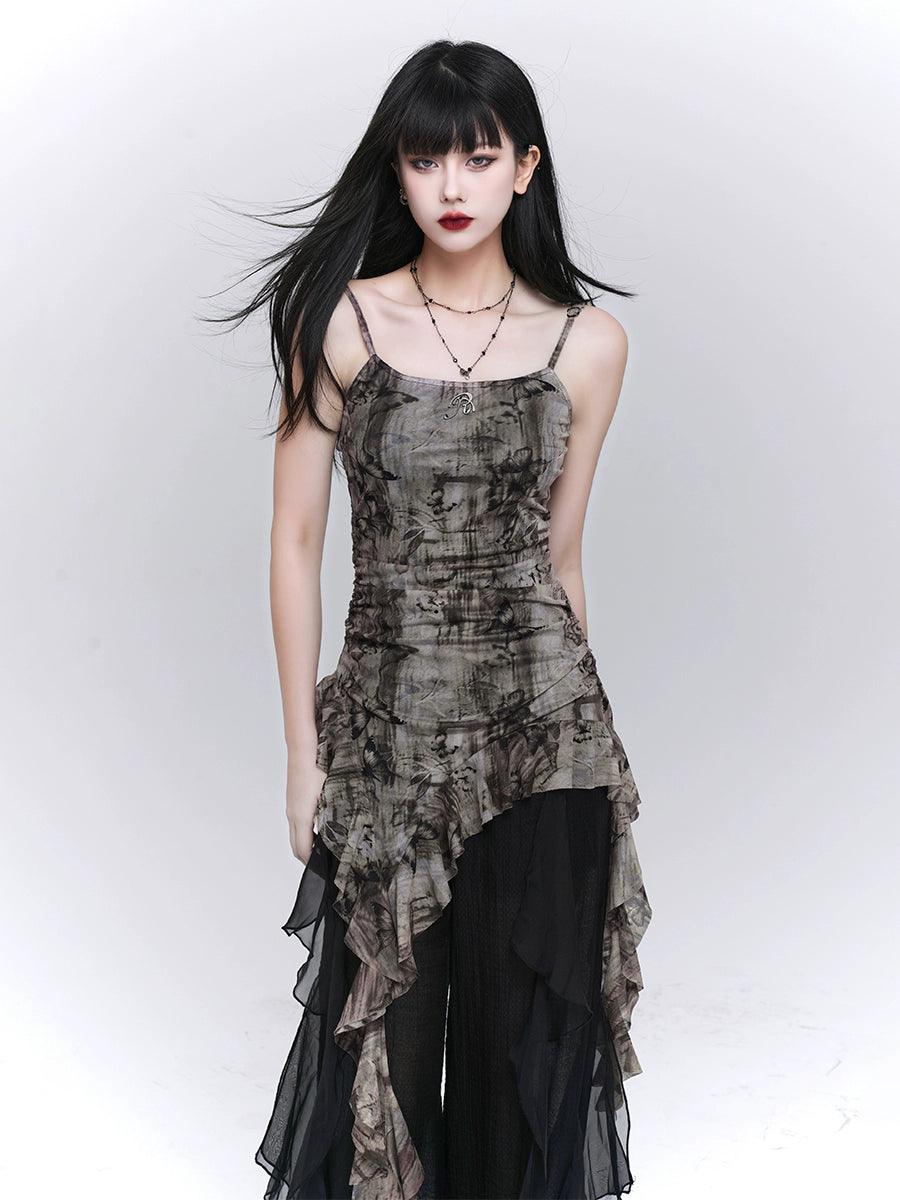 Ladyghost Grunge Fairy 비대칭 캐미 드레스 - 여성용 타이 다이 러칭 미니 드레스, 러플 밑단