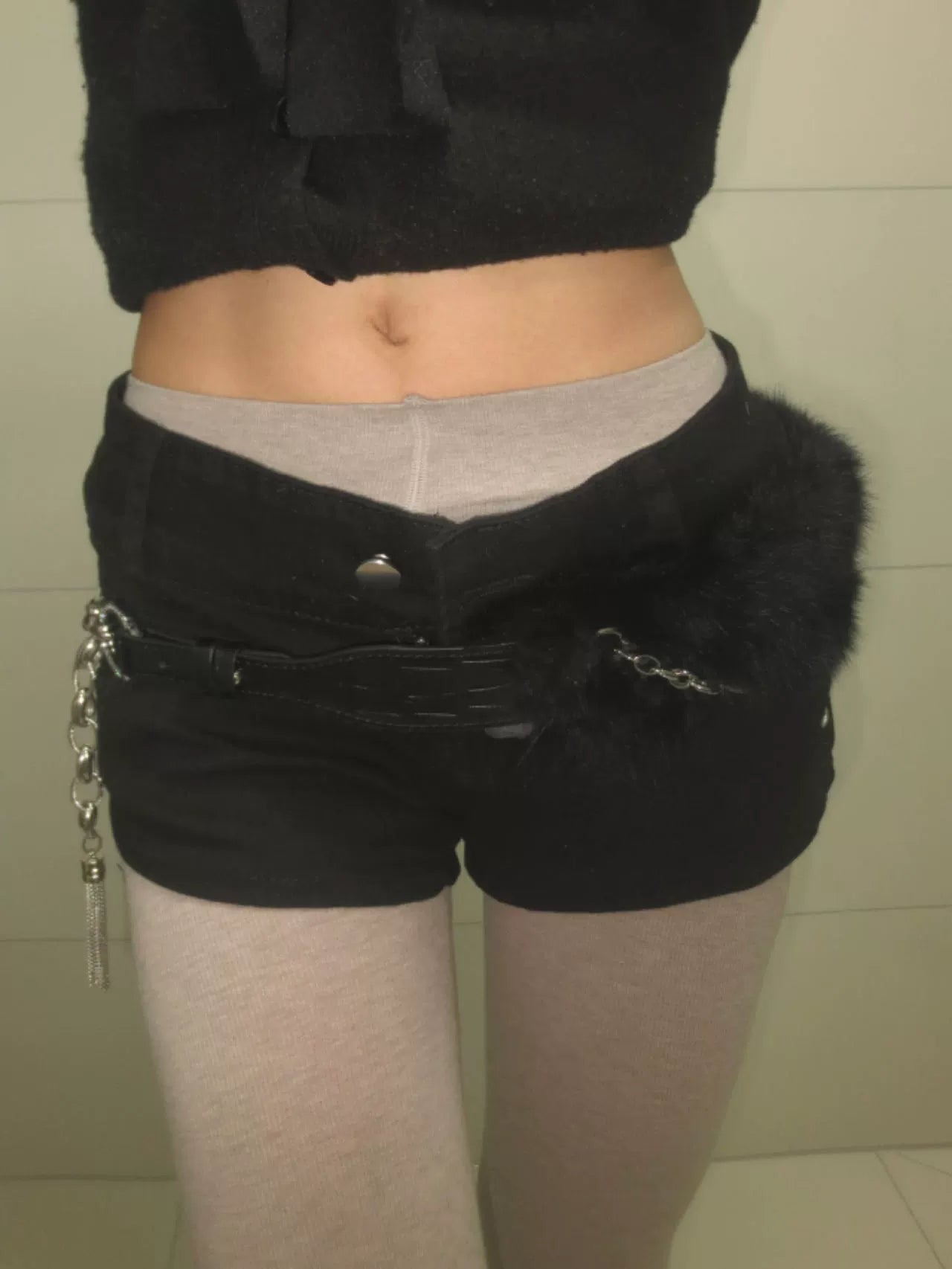 Black Rabbit Fur Crocodile Pattern Chain Belt