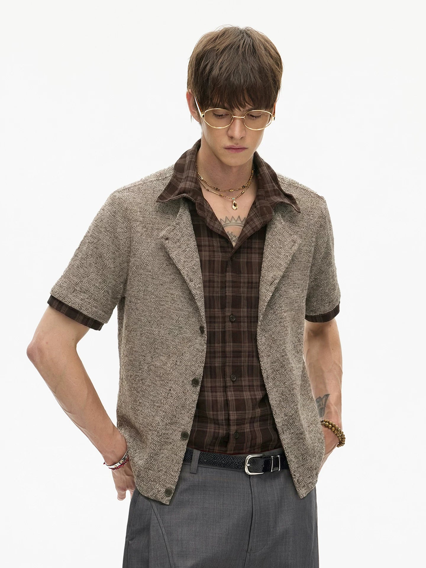 Mocha Plaid Trim Knit Shirt