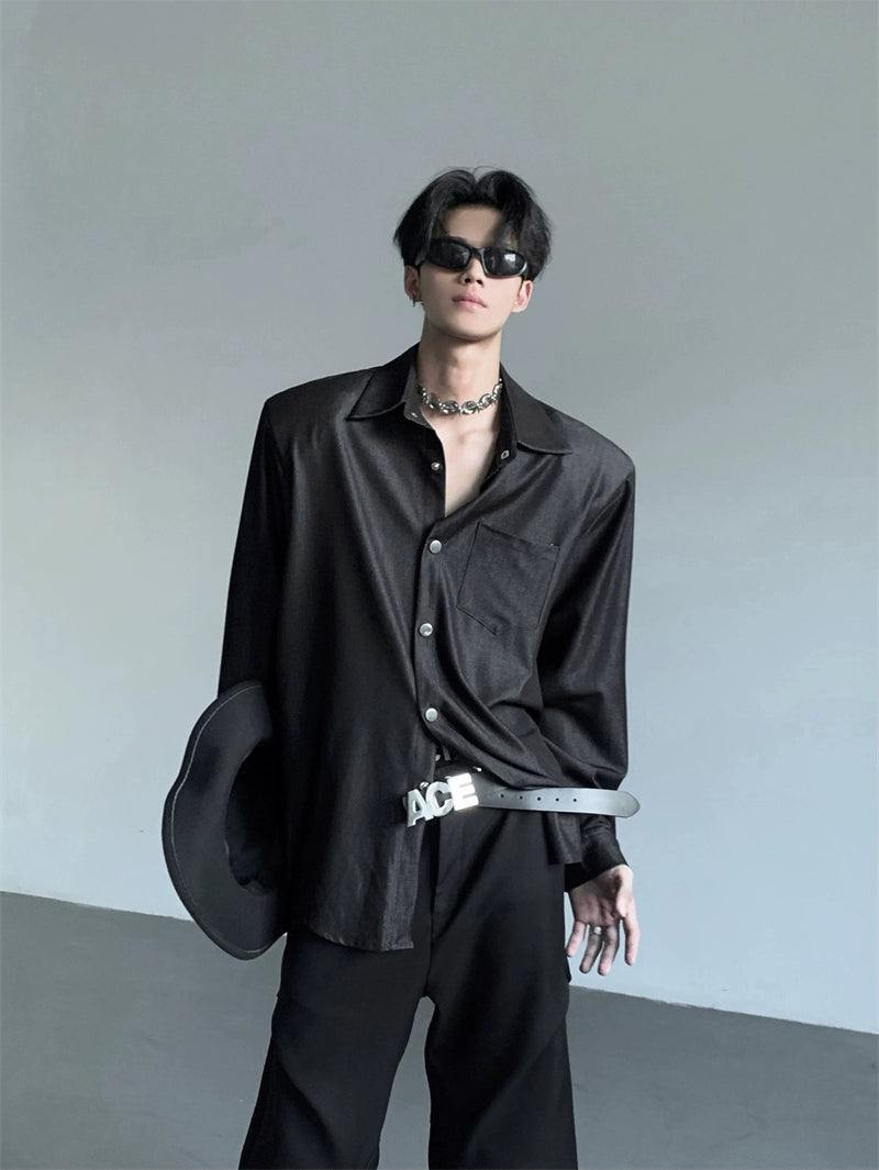 Structured Black Button-Up Shirt with Wide Shoulders