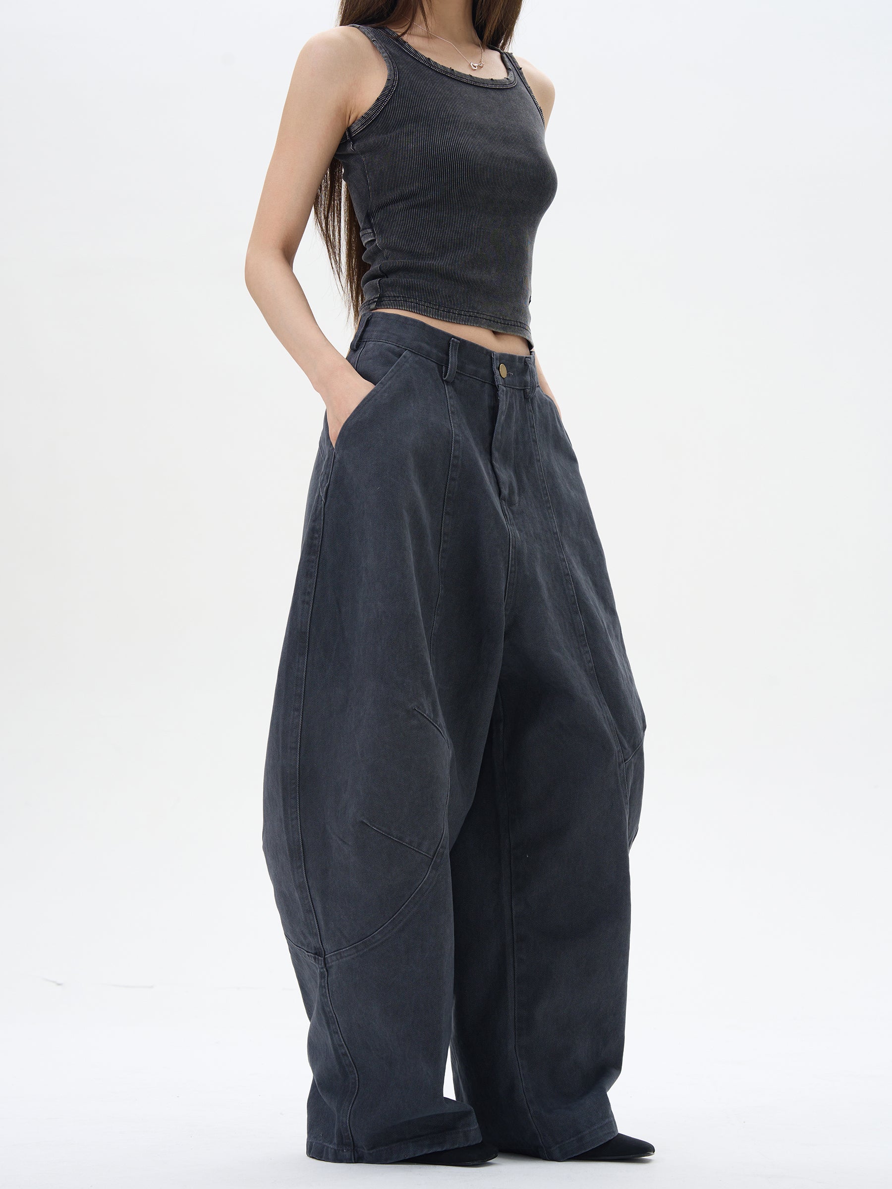 Wide Leg Pleated Dark Denim Pants