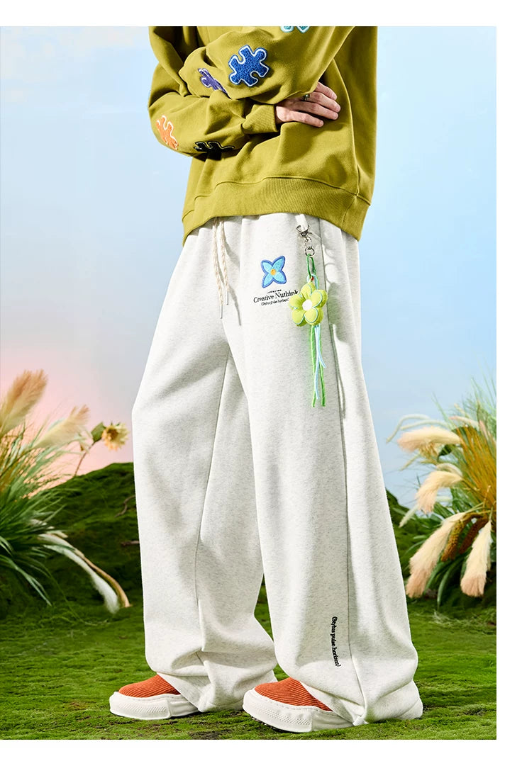 Embroidered Floral Drawstring Wide-Leg Sweatpants