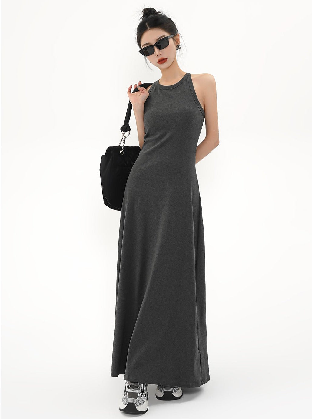 Vestido maxi negro sin mangas - vestido de noche columna de cuello alto
