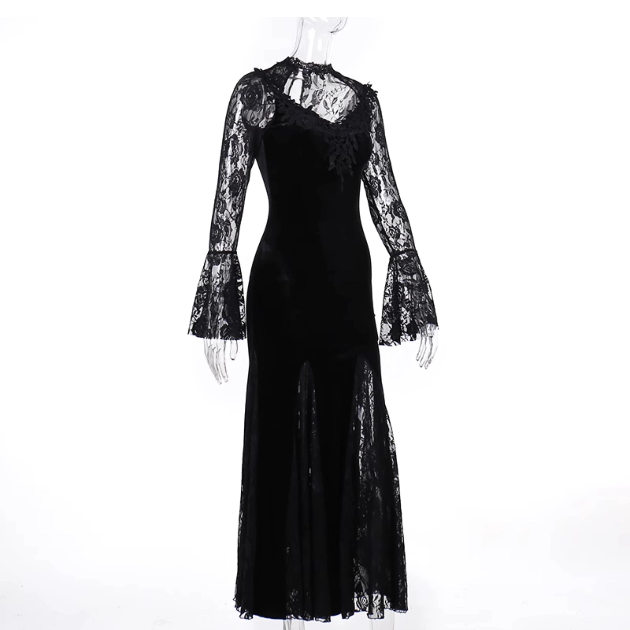 Robe sirène en velours gothique wannathis - robe de plancher en dentelle à manches longues avec collier élevé