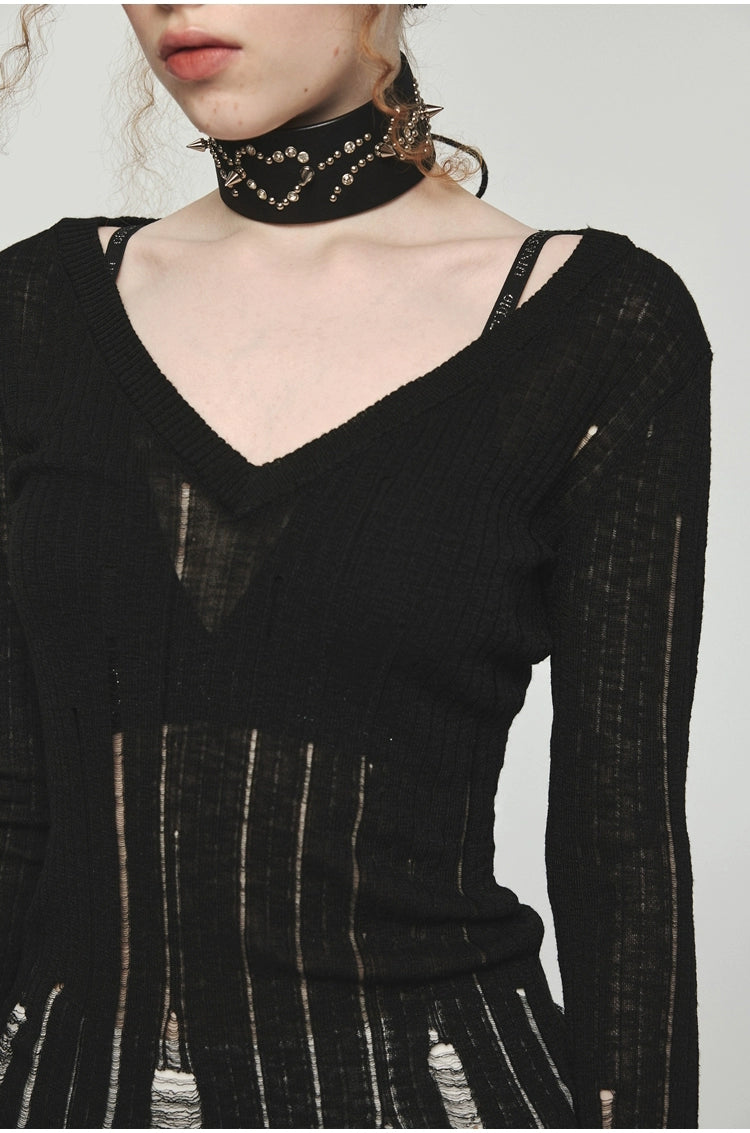 Hollow-Out V-Neck Thin Cardigan With Distressed Waist Knit Top - chiclara