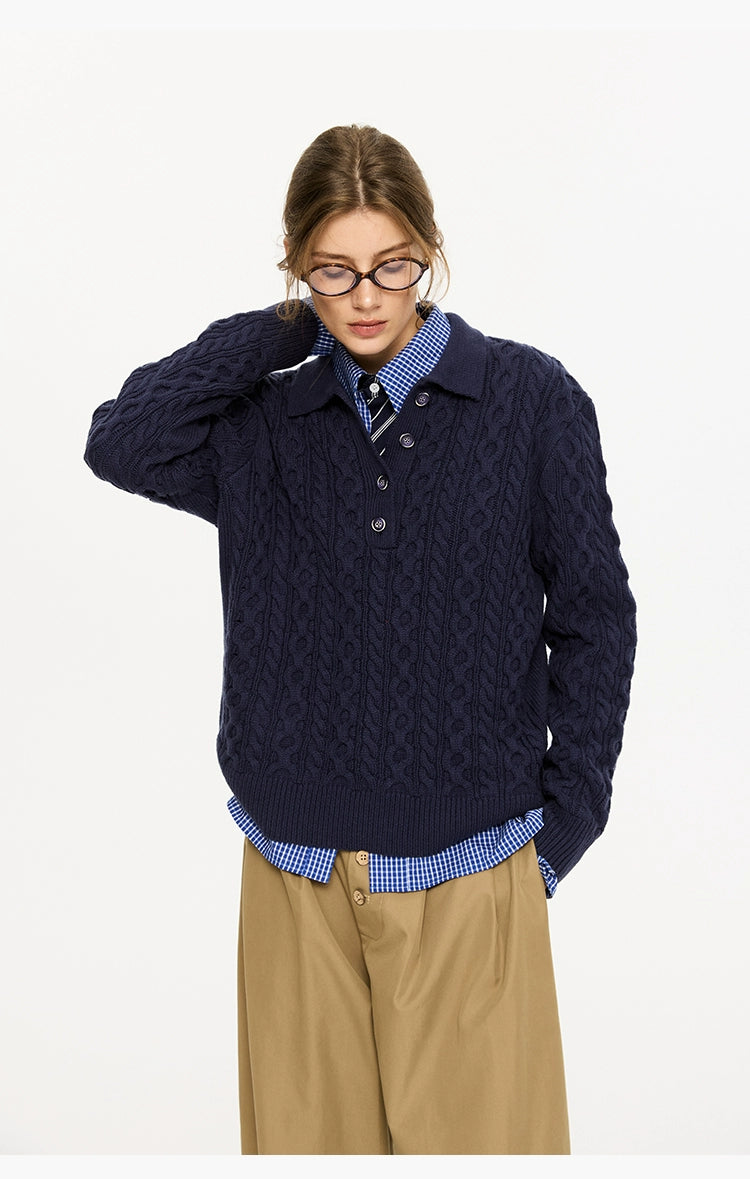 Cable Knit Polo Collar Sweater