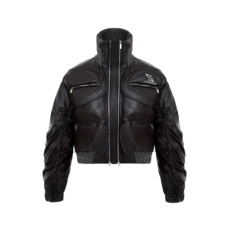 Stand Collar Multi-Pocket Leather Puffer Jacket