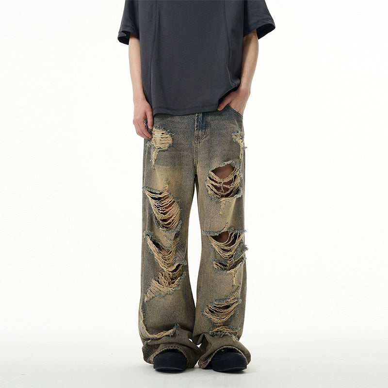 All-Over Distressed Wide-Leg Ripped Jeans