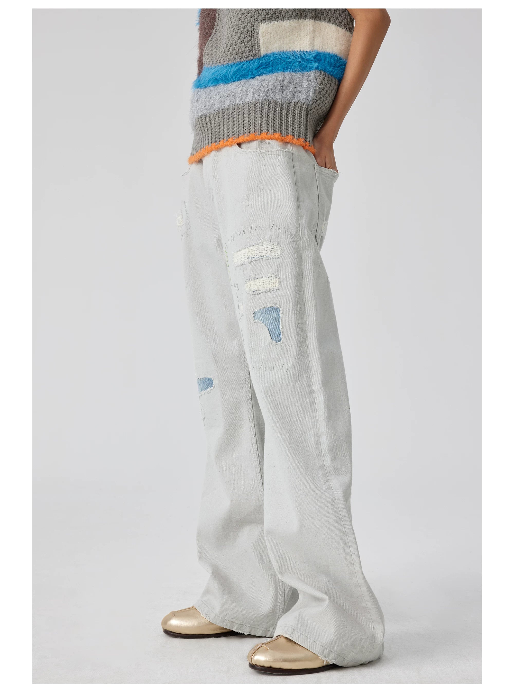 Patchwork Distressed Wide-Leg Jeans