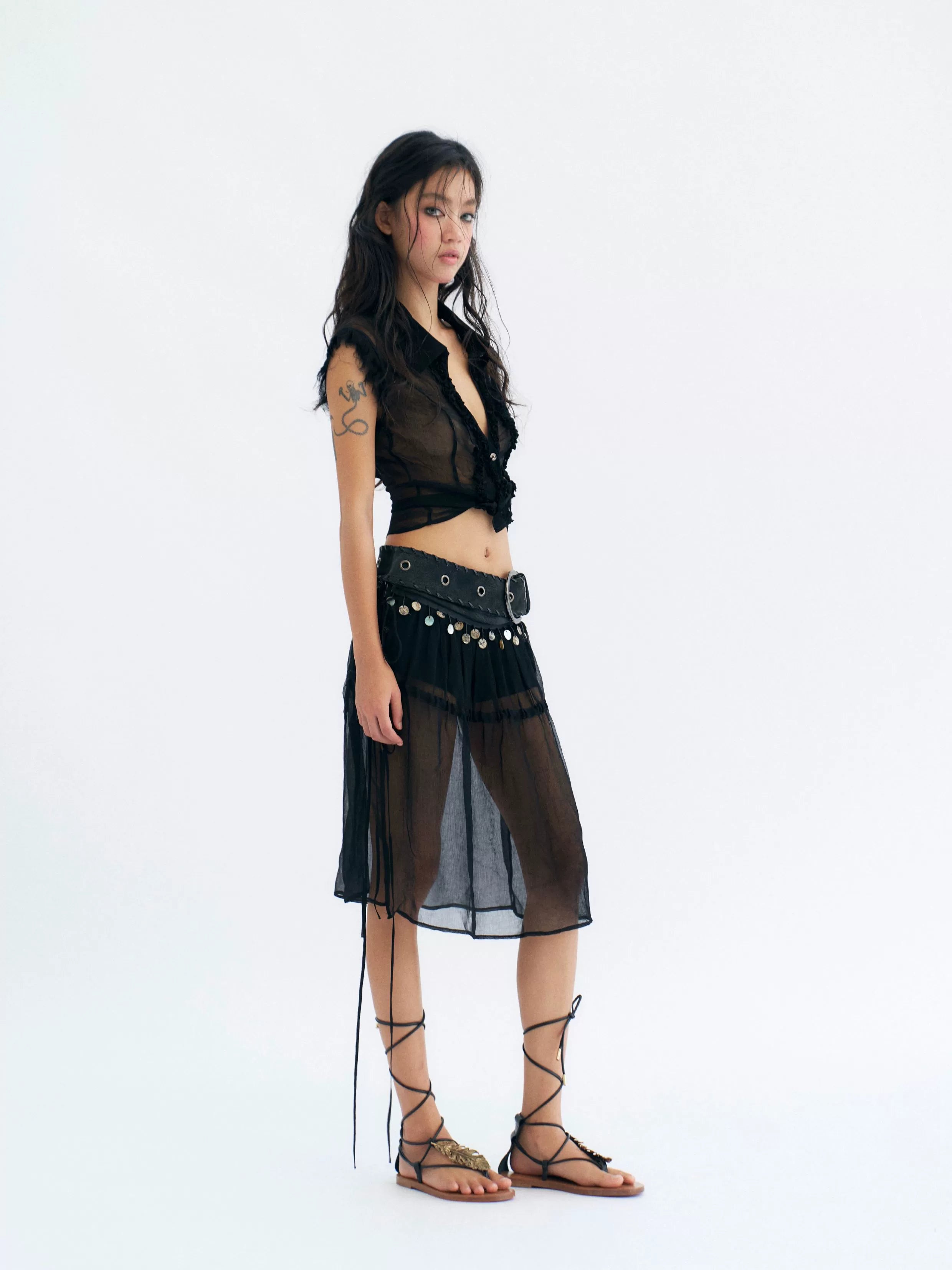 Moonlit Veil Sheer Coin‑Trim Skirt