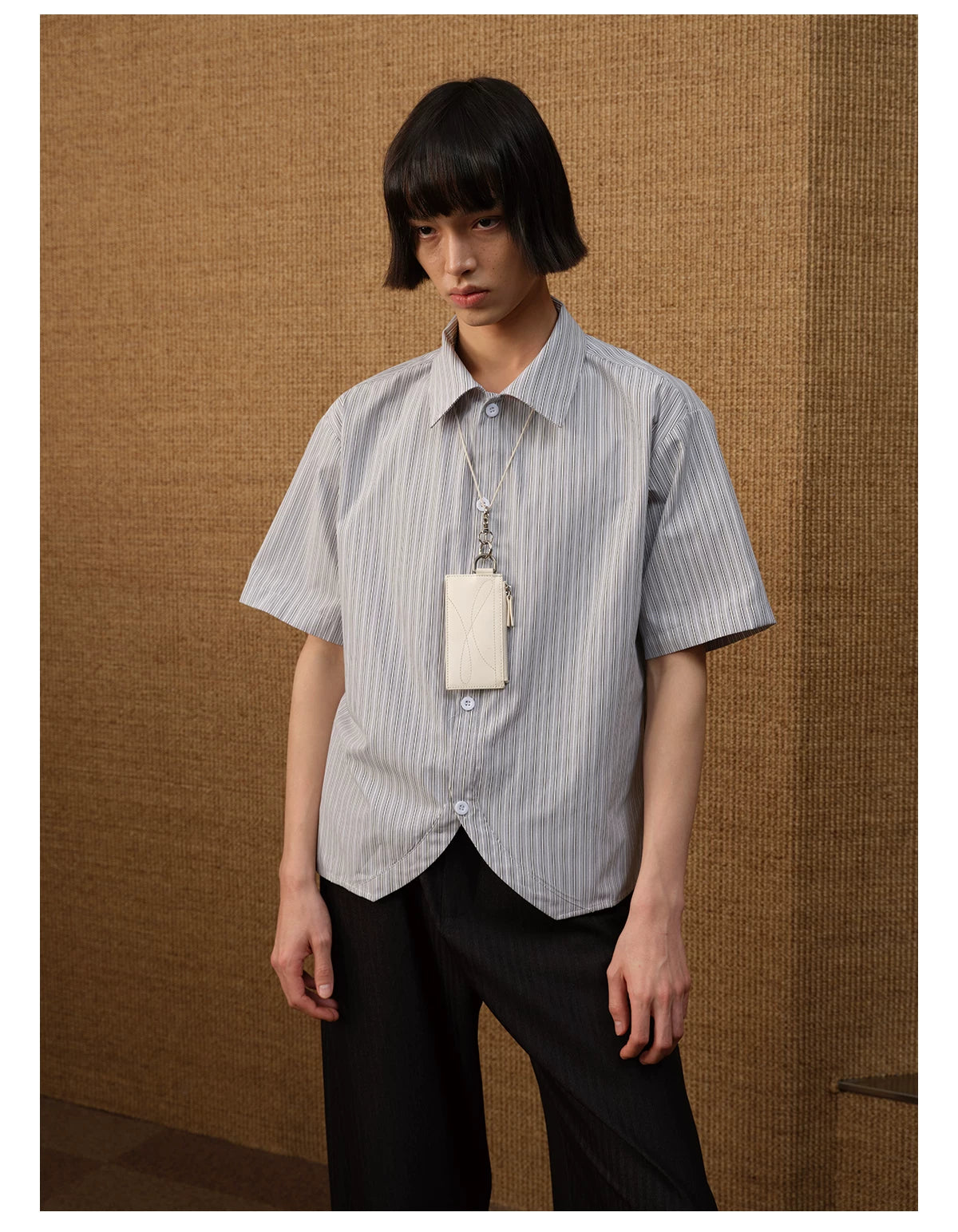 Pinstripe Short-Sleeve Curved-Hem Shirt