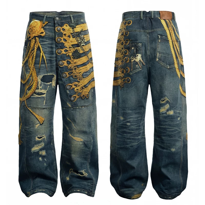 Baroque Military Embroidered Distressed Wide-Leg Jeans
