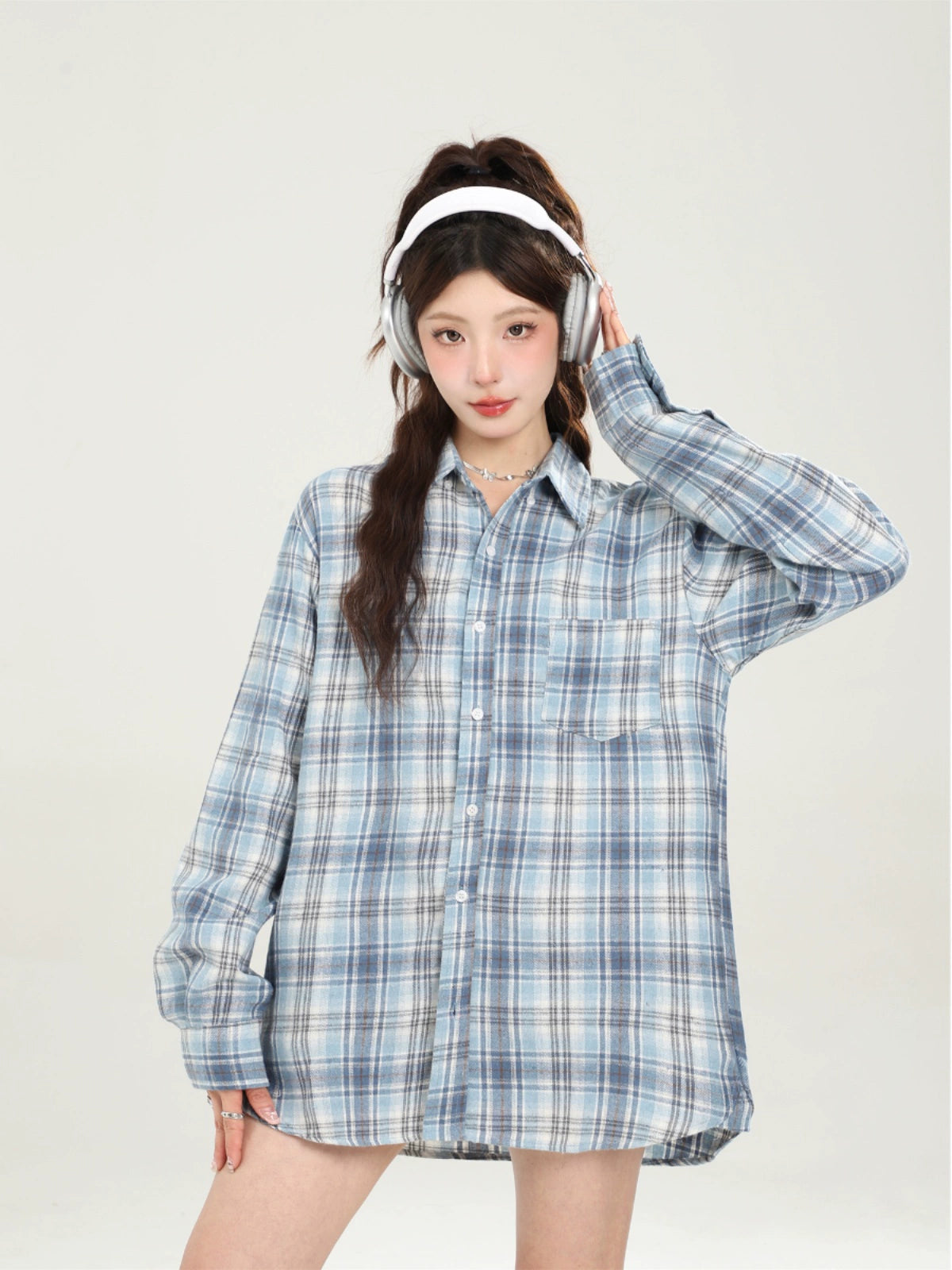 Camisa a cuadros azul suelto vintage