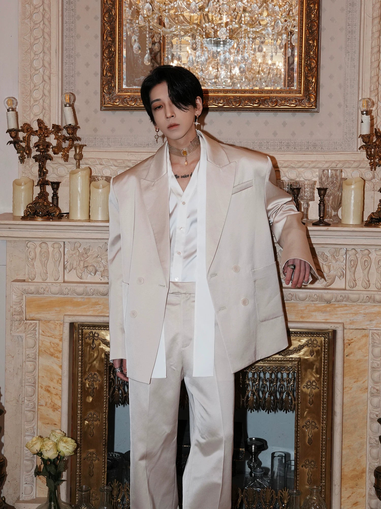 Cream Double-Breasted Oversized Blazer