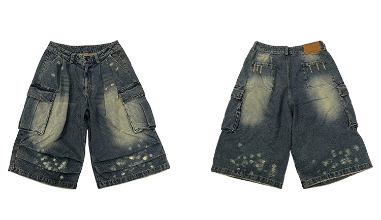 Bleached Wide-Leg Denim Cargo Shorts