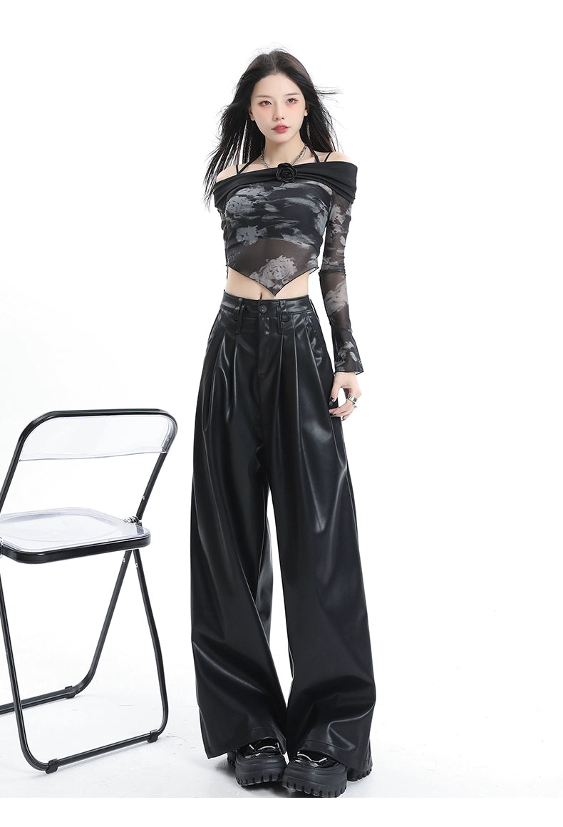 Coffee Wide-Leg Pu Leather Pants - chiclara