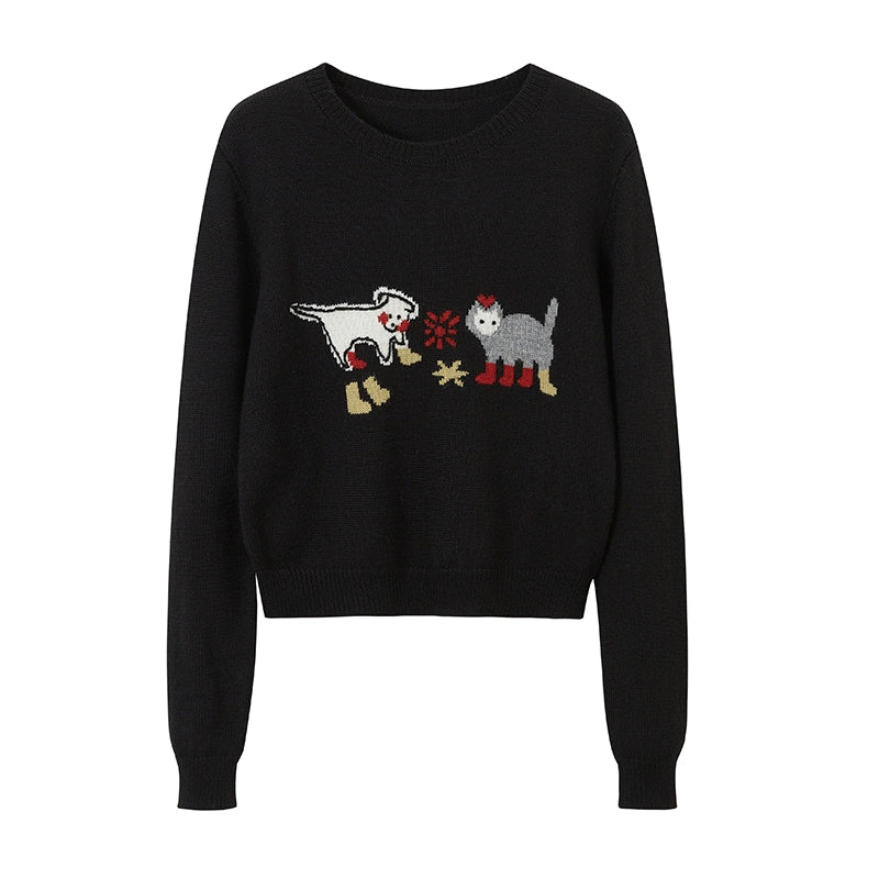 Playful Animal Embroidered Knit Sweater