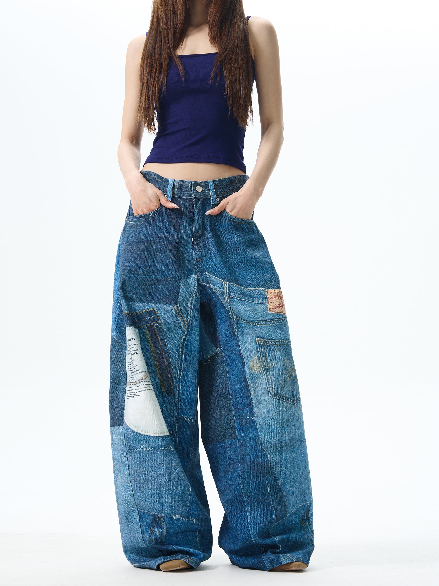 Patchwork Wide Leg Denim Jeans