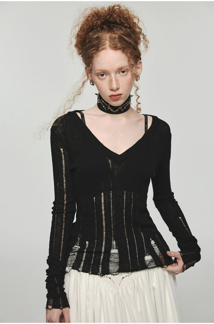 Hollow-Out V-Neck Thin Cardigan With Distressed Waist Knit Top - chiclara