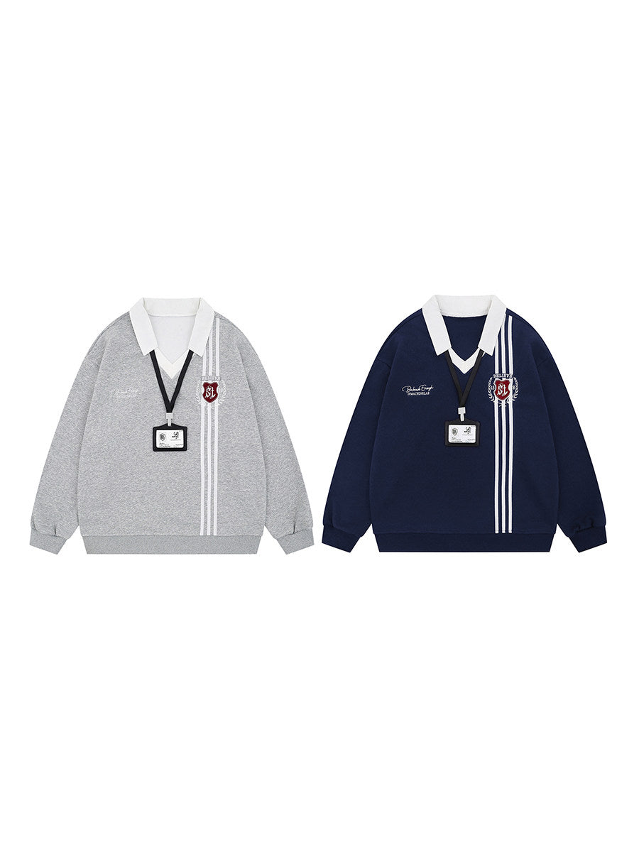 Men's Striped Embroidered V-Neck Polo Sweatshirt