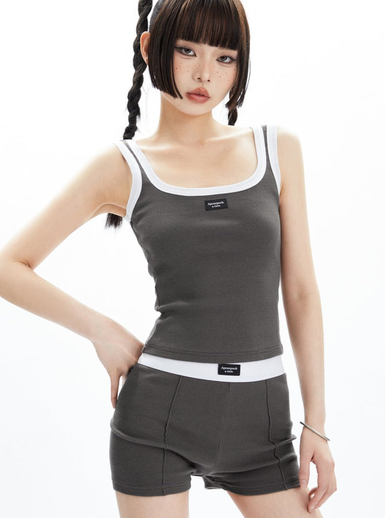 Black and White Contrast Trim Crop Top and Shorts Set