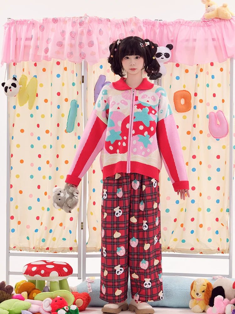 Plaid Panda Strawberry Print Pajama Pants