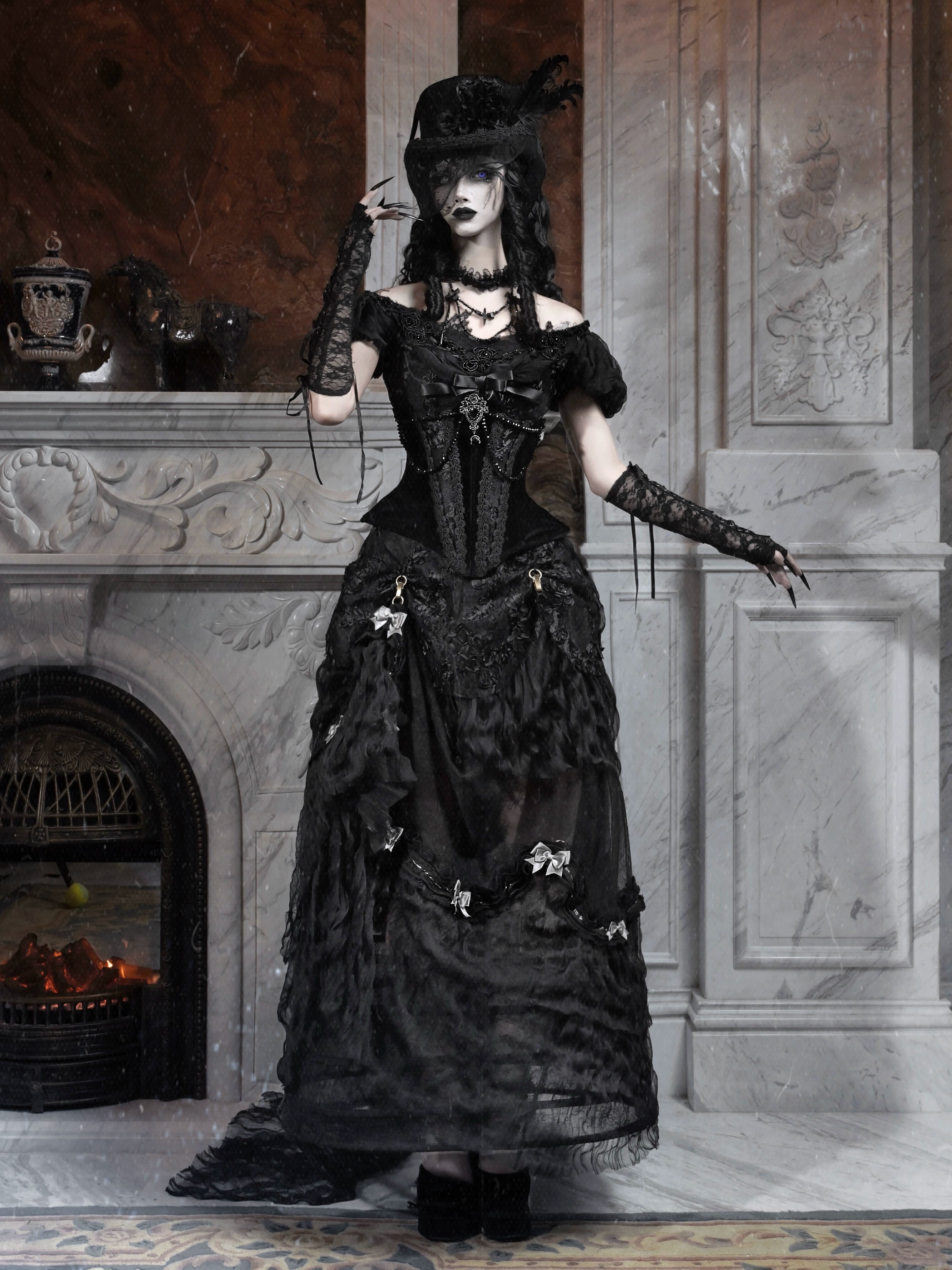 Gothic Black Lace Puff Sleeve Corset Top