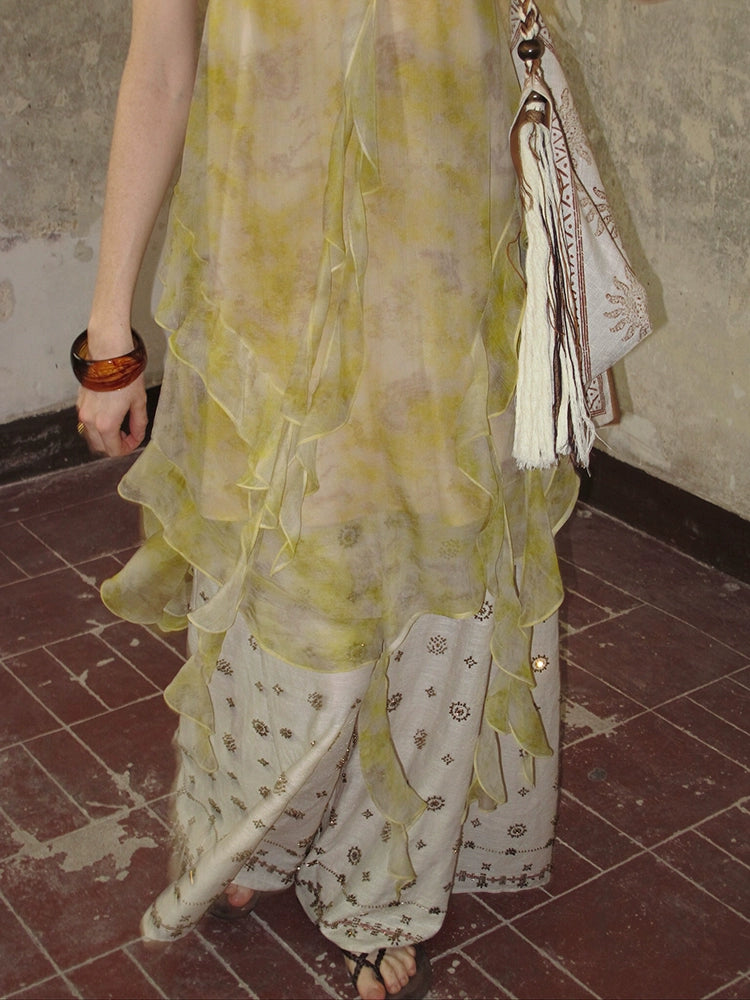 Wide-Leg Embroidered Linen Pants and Suit