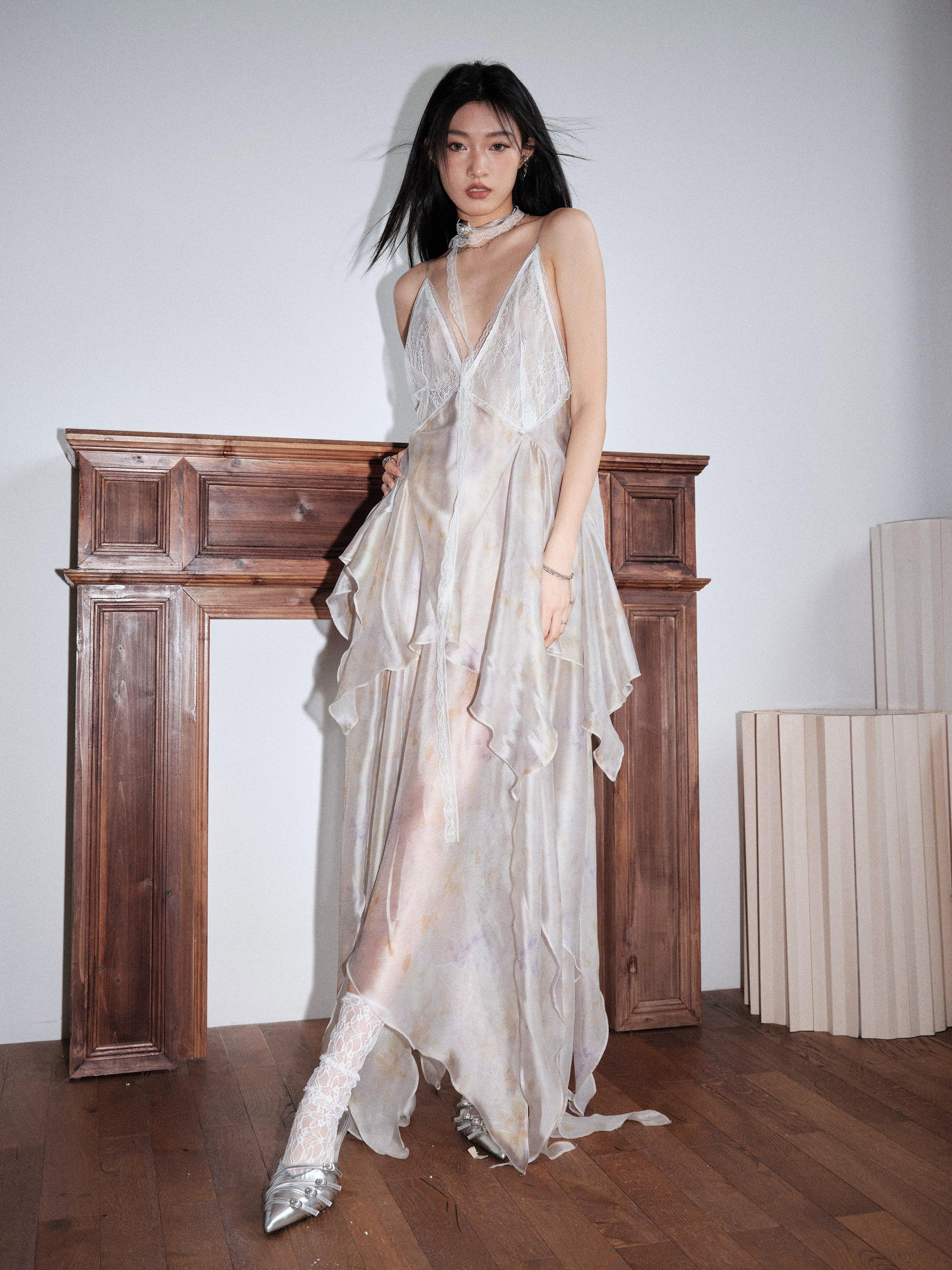 Jnylon Studio Ethereal Fairy Slip Robe - Femme en mousseline de mousseline en ivoire pour femmes avec mouchoir Hem