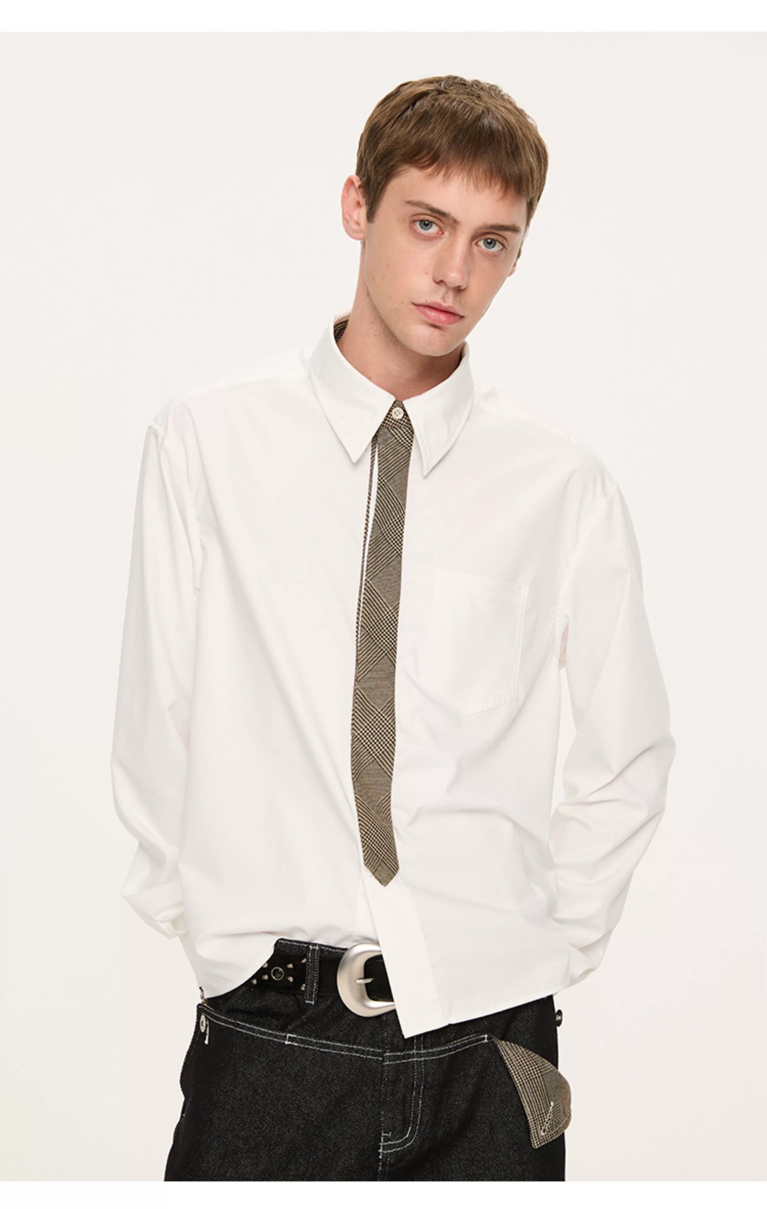 Contrast Collar Shirt and Tie Set