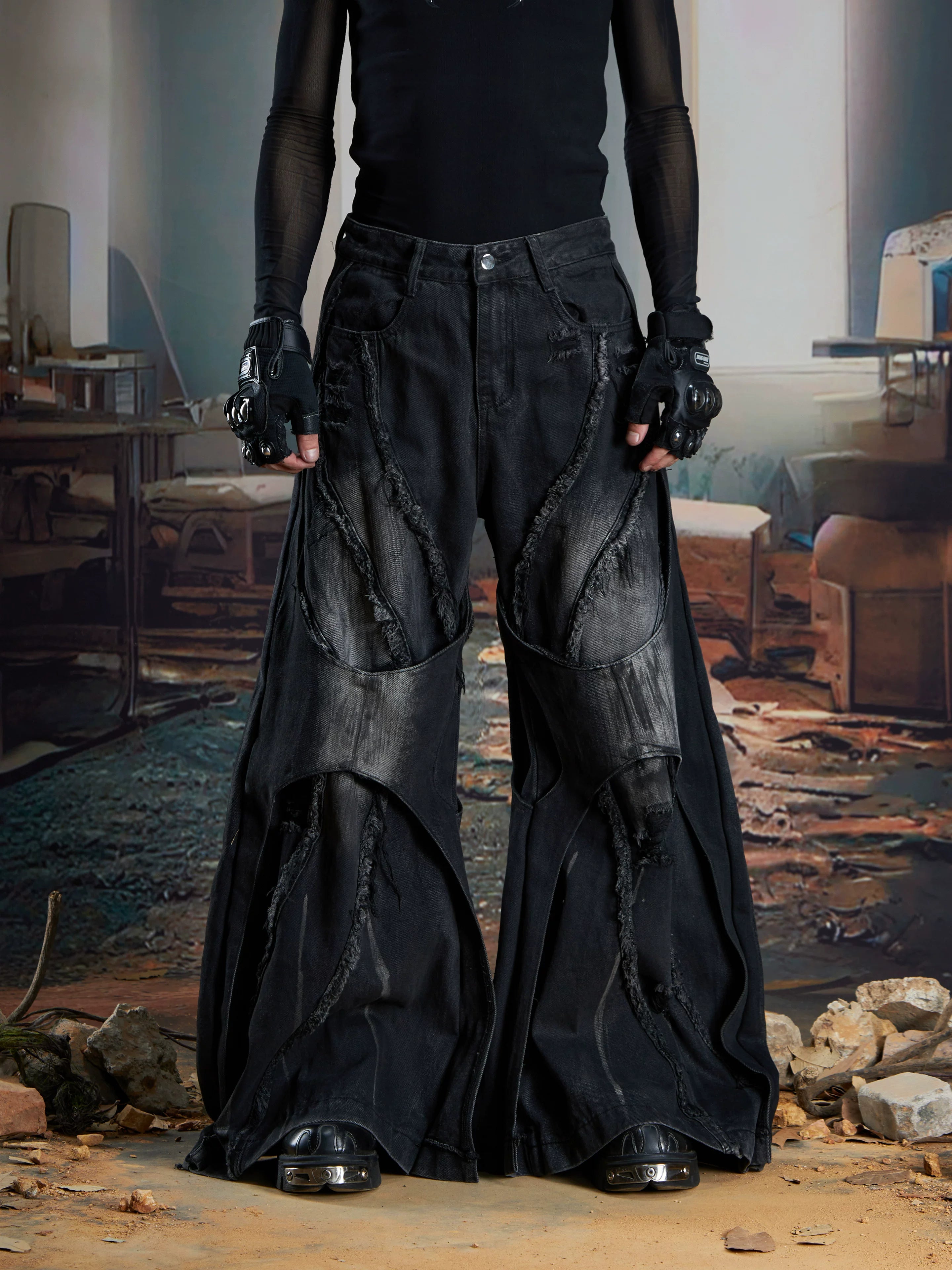 Obsidian Rift Shredded Flare Denim Pants