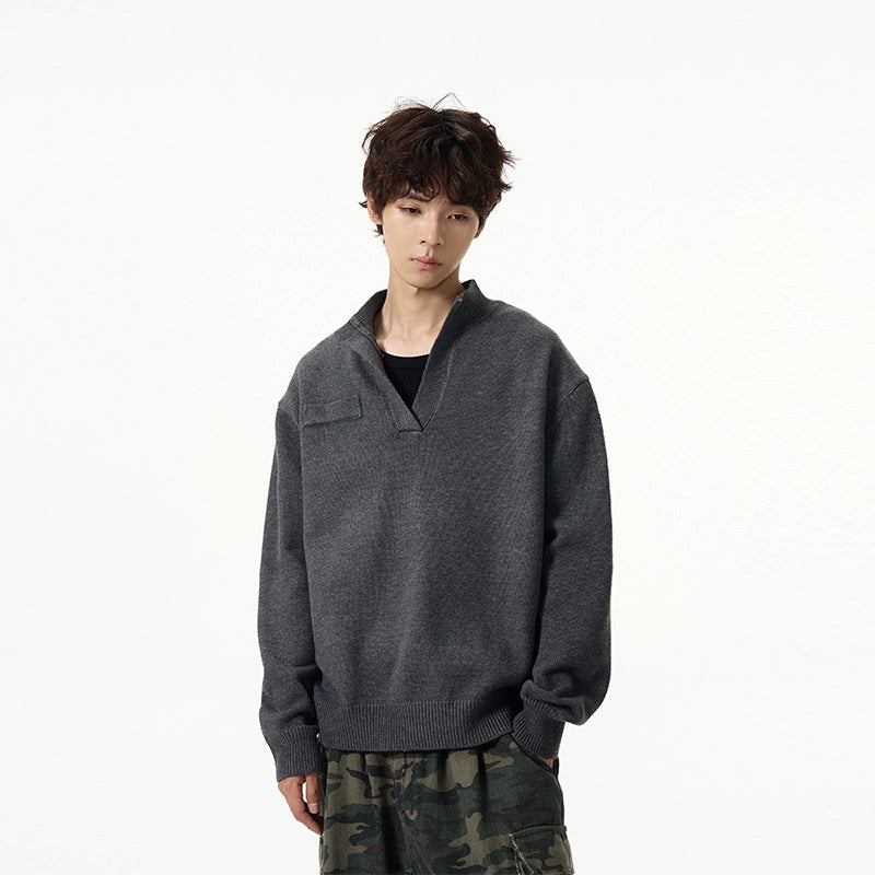 Charcoal Half-Placket Knit Sweater