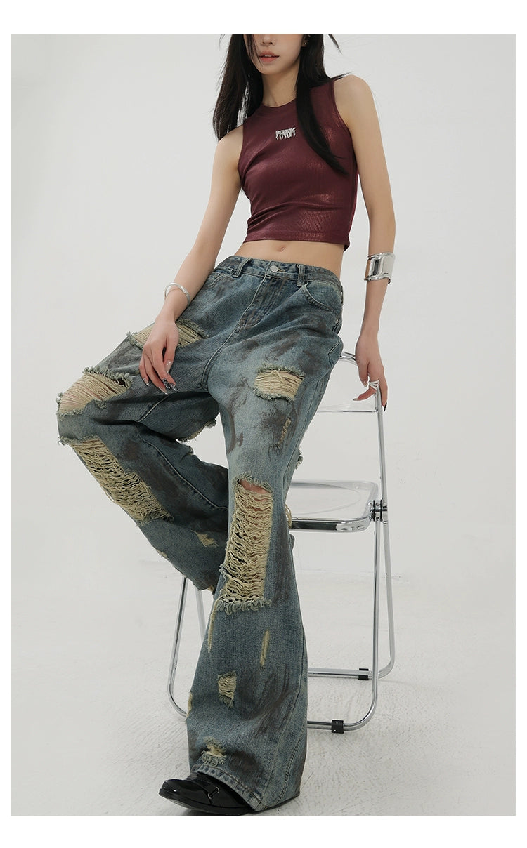 Retro Tie-Dye Distressed Wide-Leg Jeans With Washed Effect And Draping Fit - chiclara