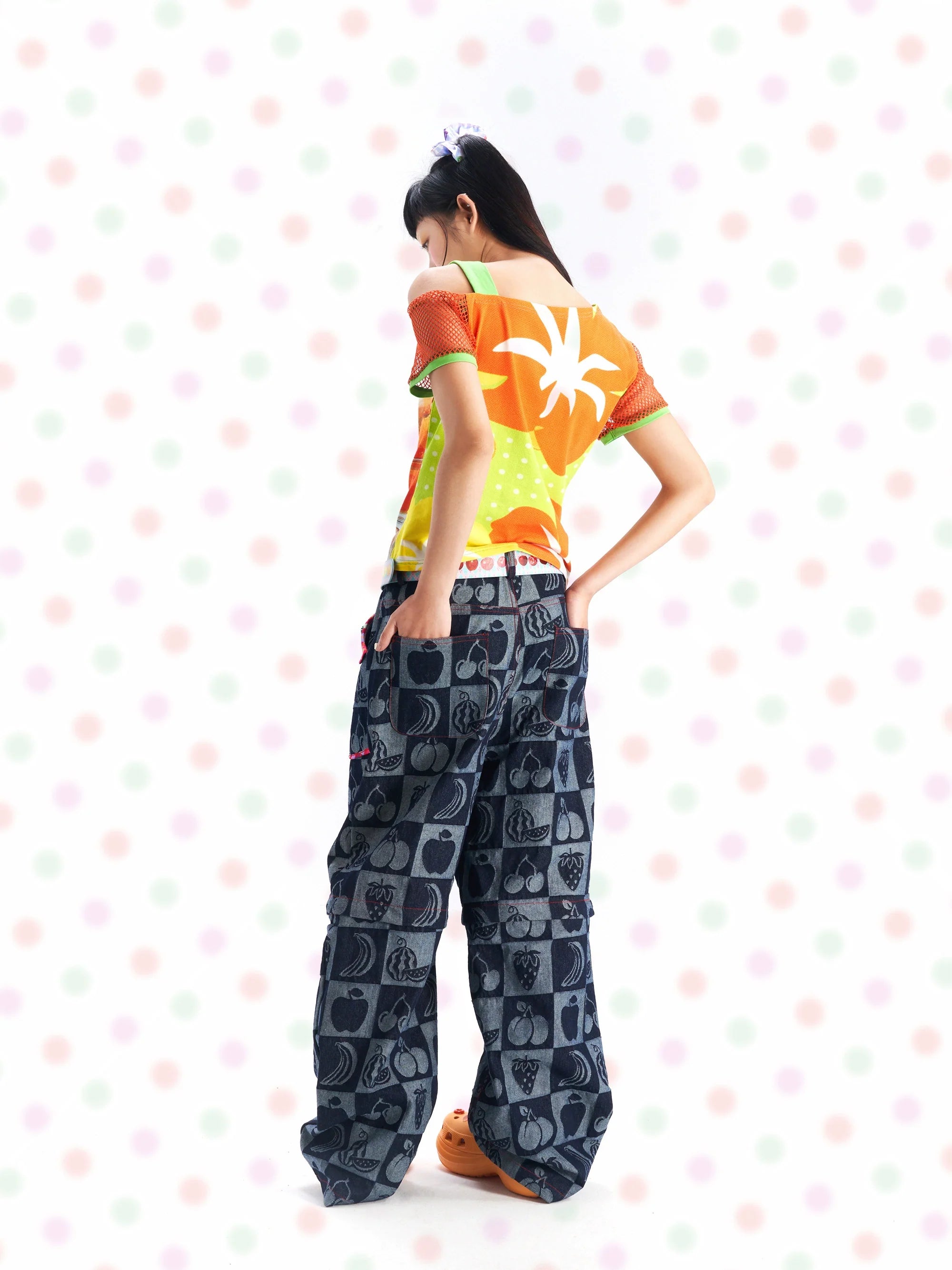Checkered Fruit Print Denim Wide Pants