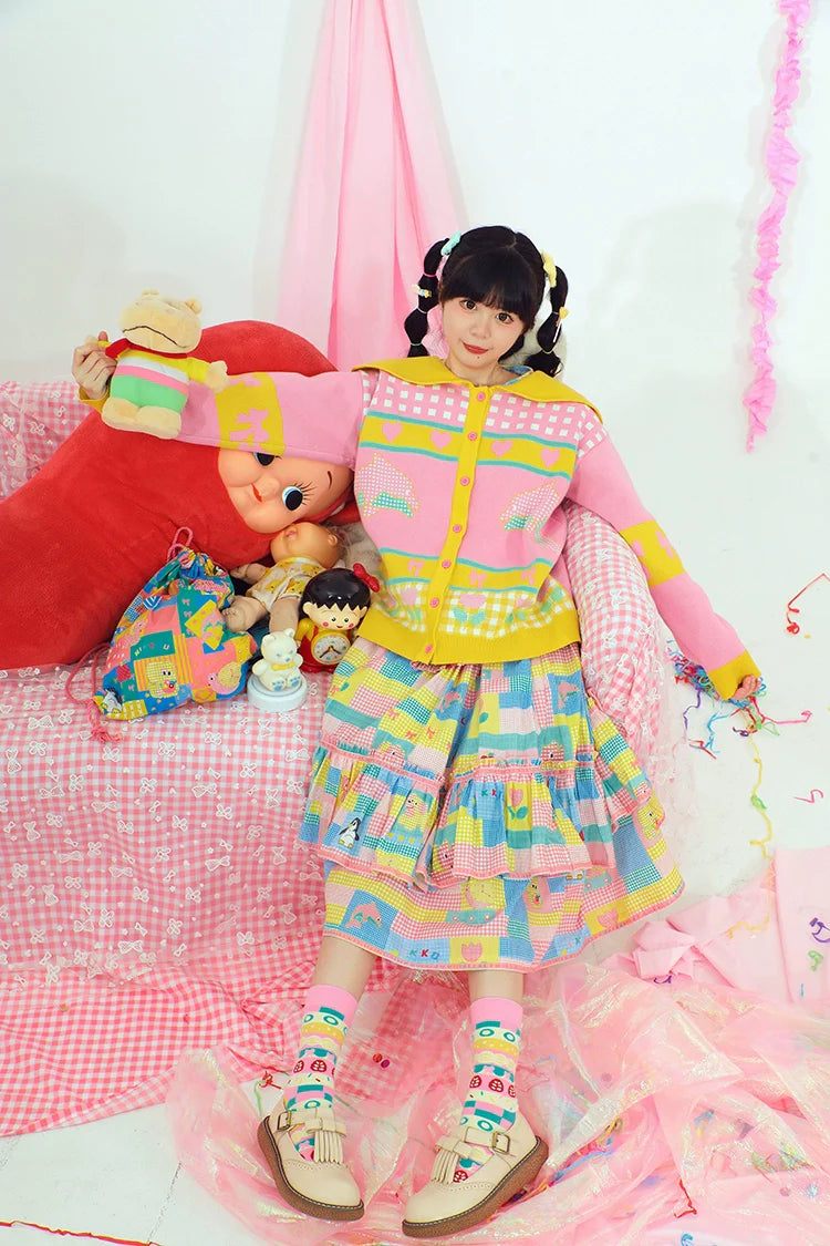 Pink Yellow Dolphin Pattern Knit Cardigan