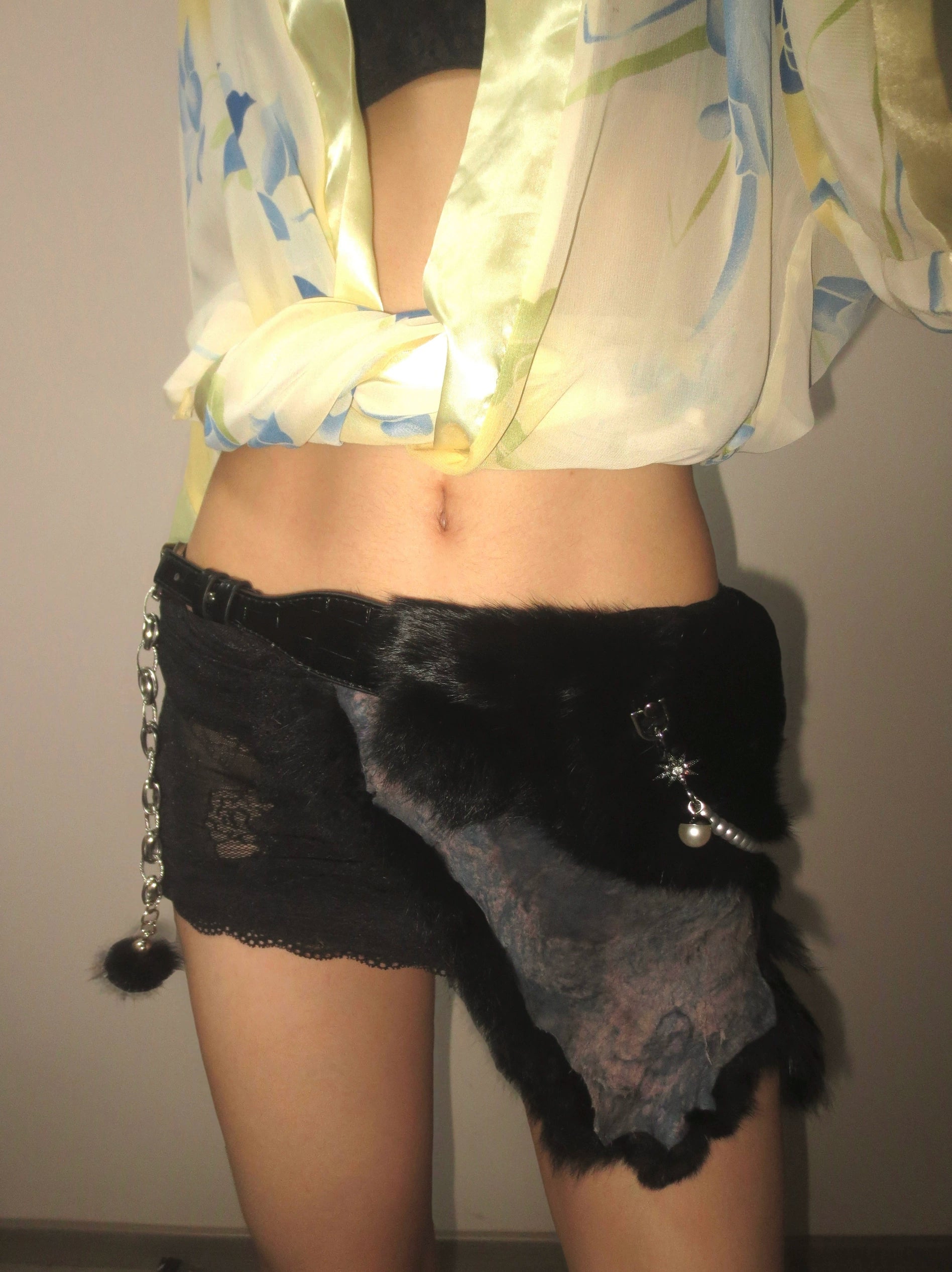 Black Rabbit Fur Pearl Chain Belt
