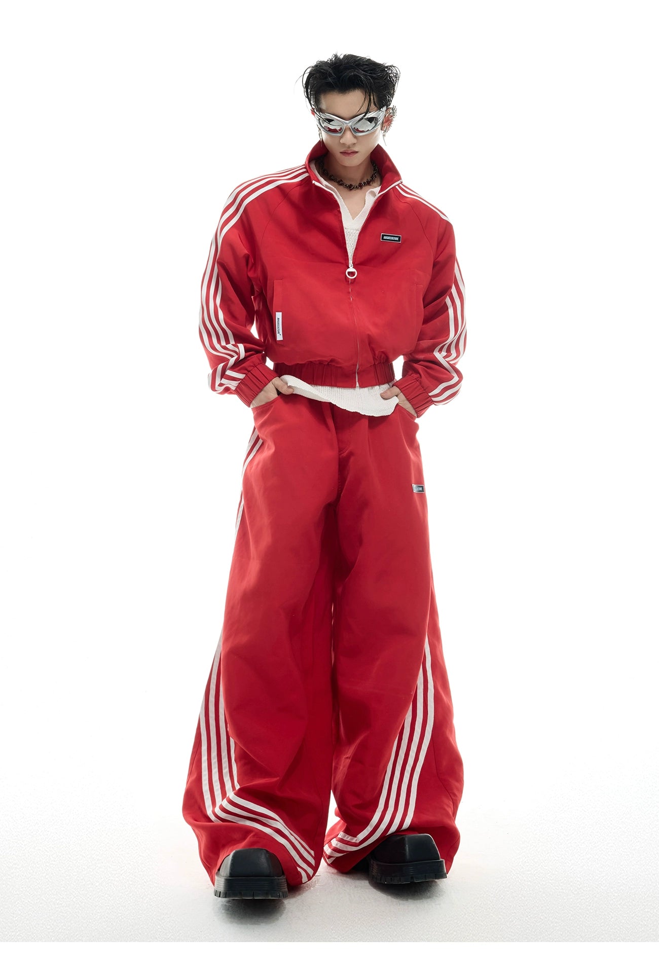 Black Track Jumpsuit with White Stripe Detail