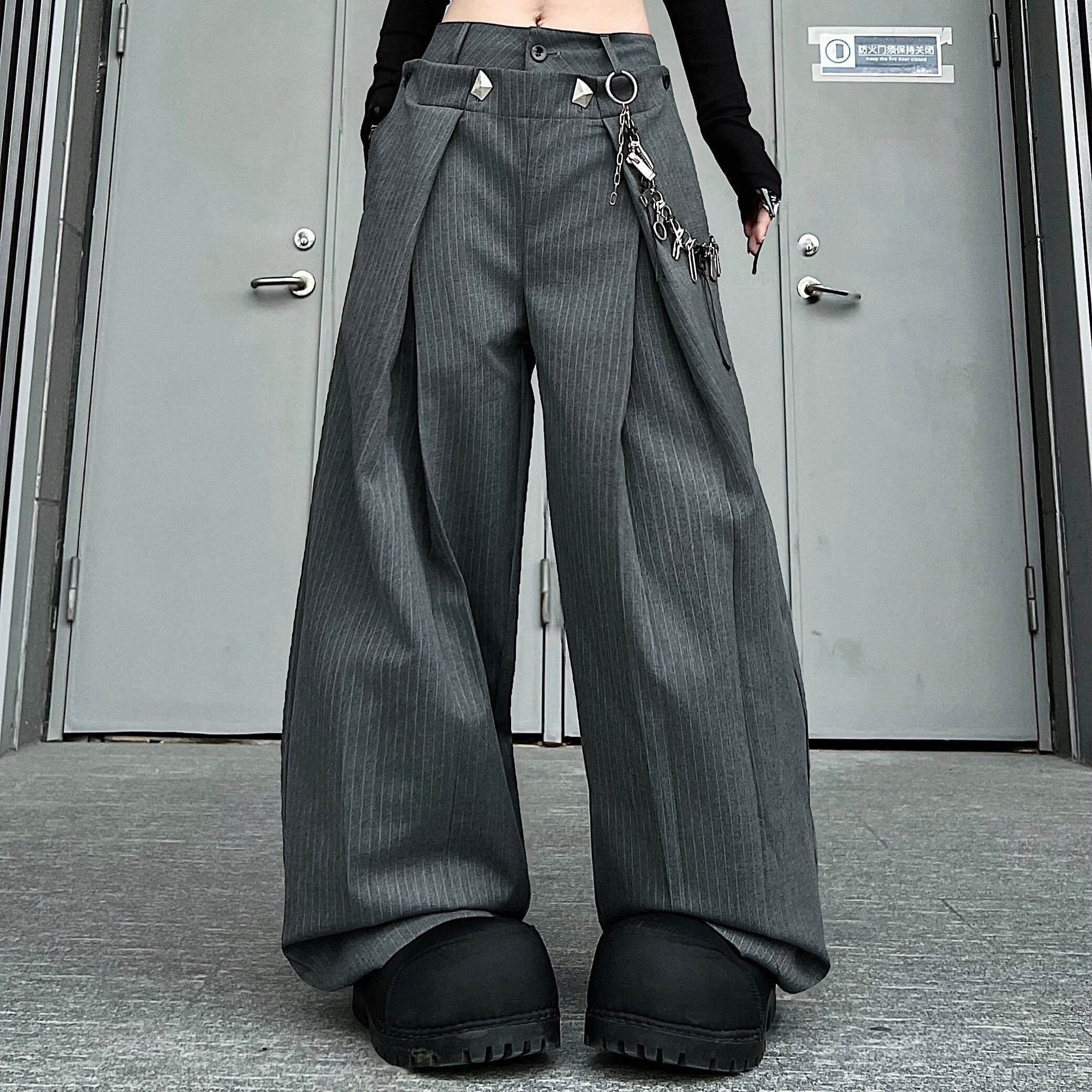 Men's Double-Waist Pleated Pinstripe Wide-Leg Trousers