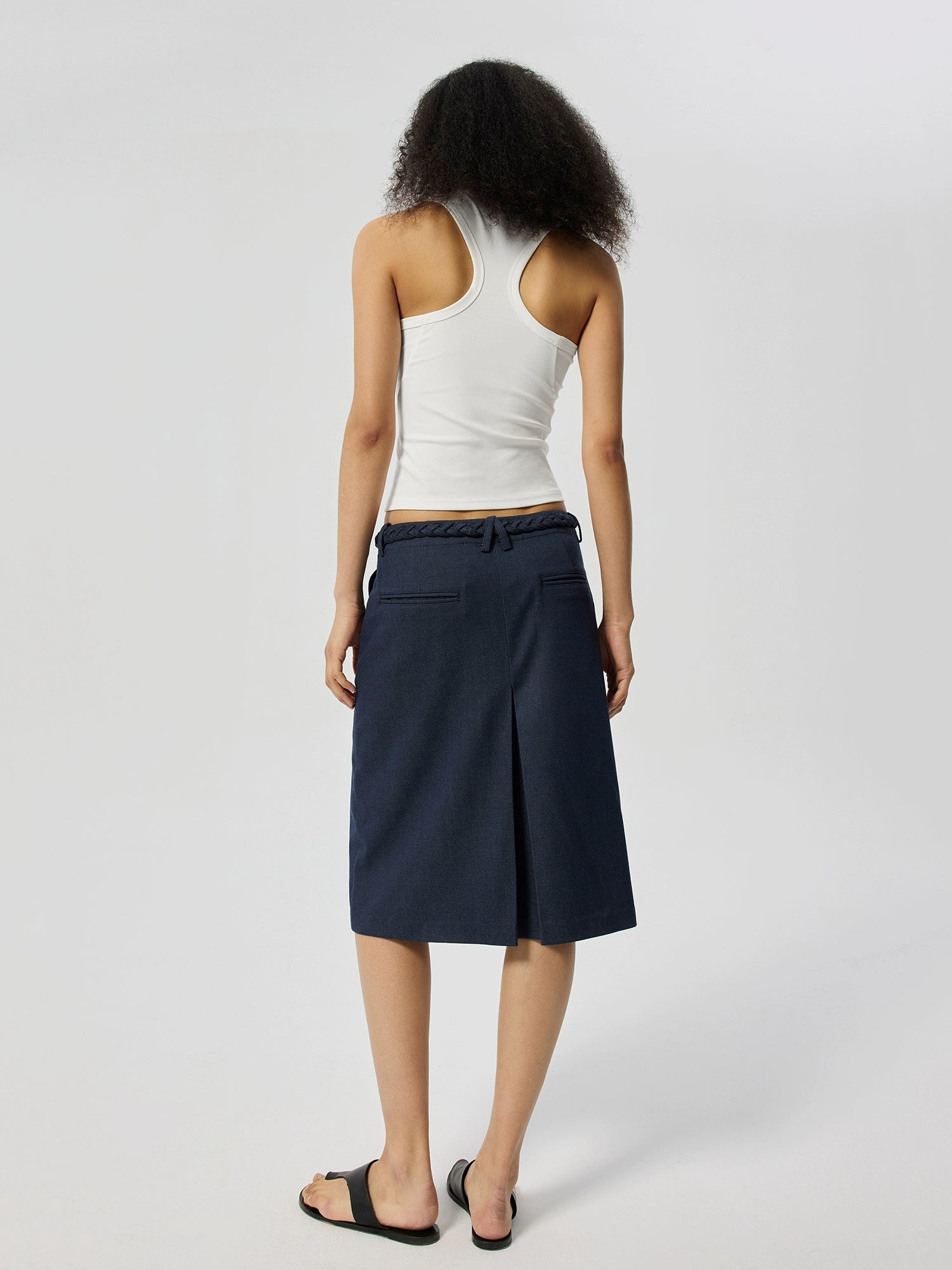 Navy Knee-Length Skirt with Braided Belt