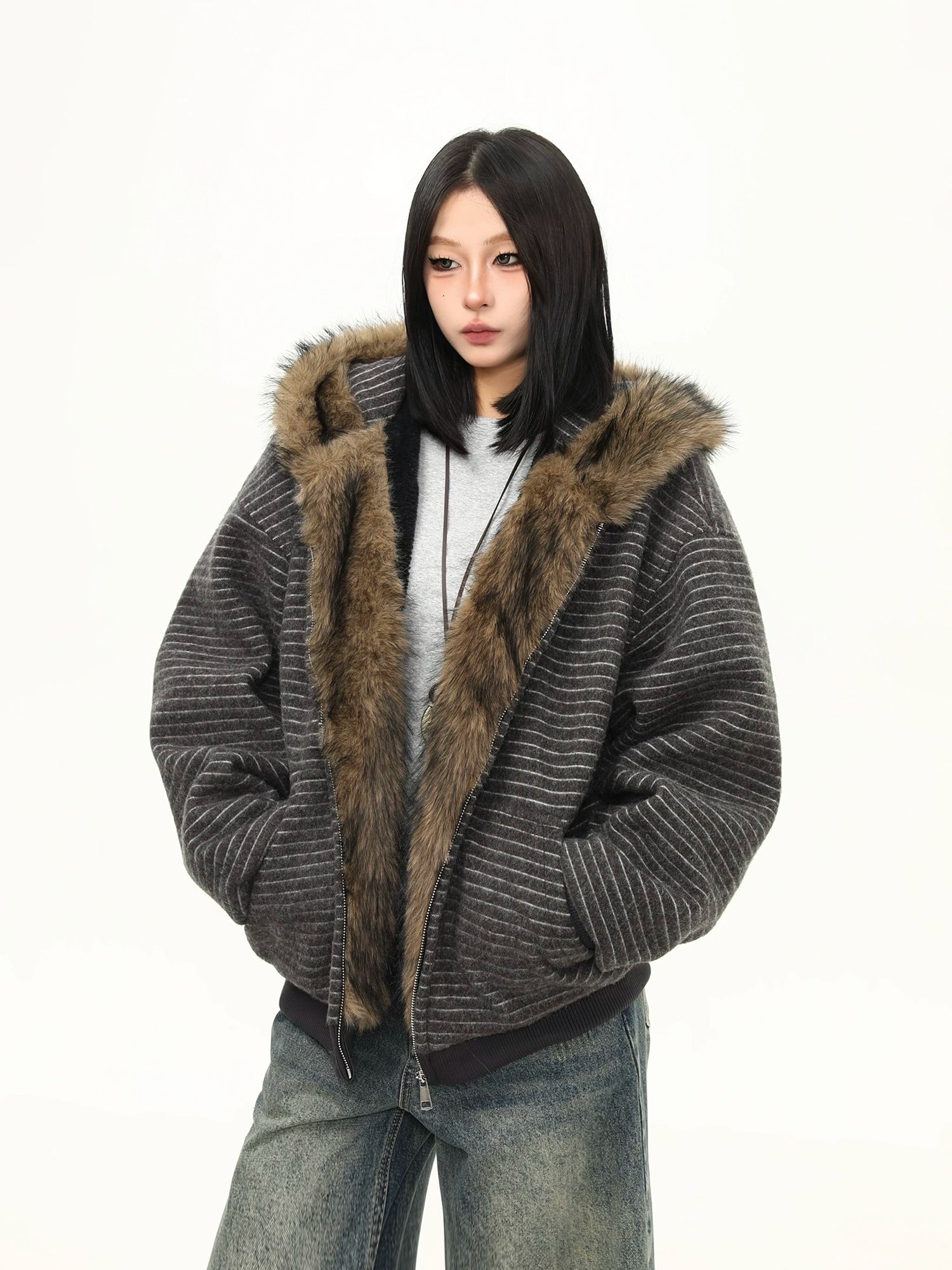 Frost Ridge Striped Faux Fur Hoodie Jacket