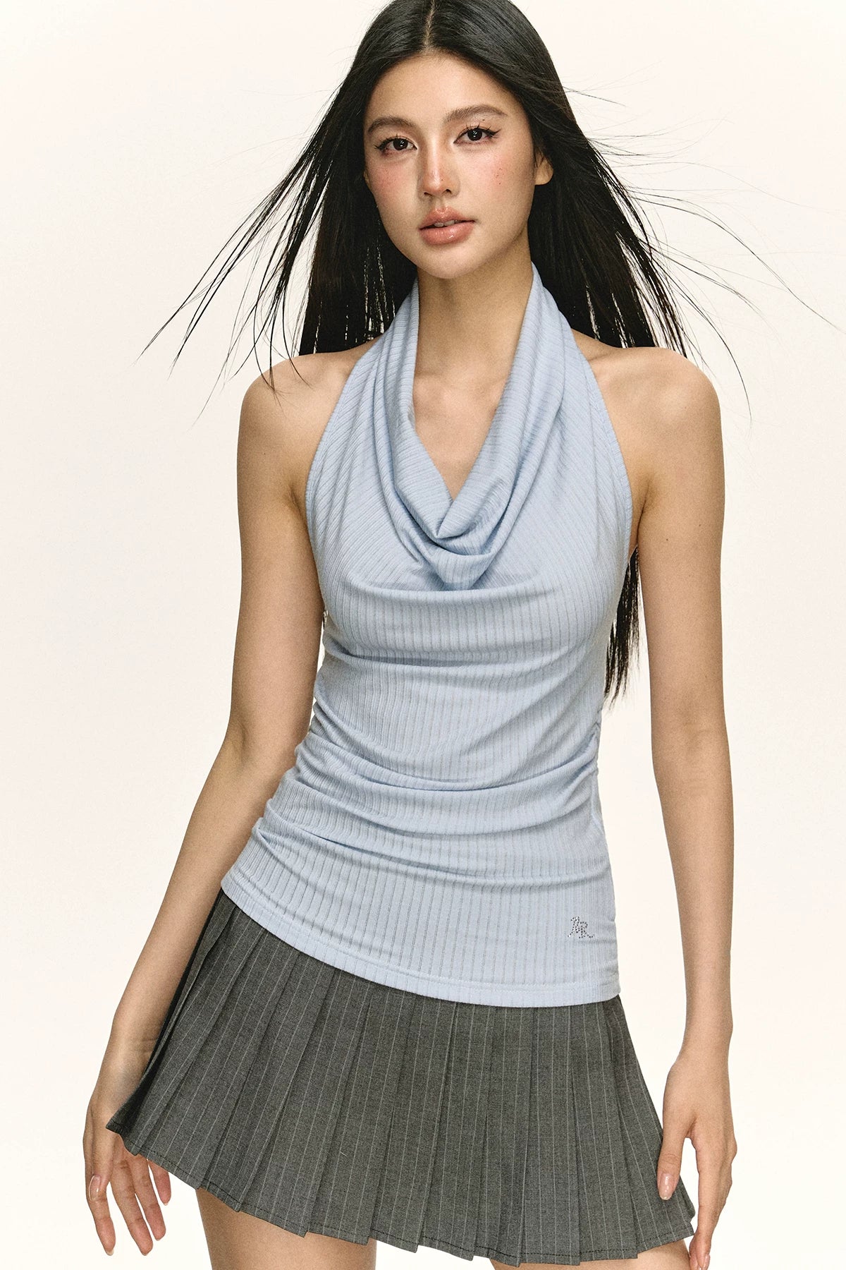 Retro Slim-fit Draped Cowl Neck Halter Top