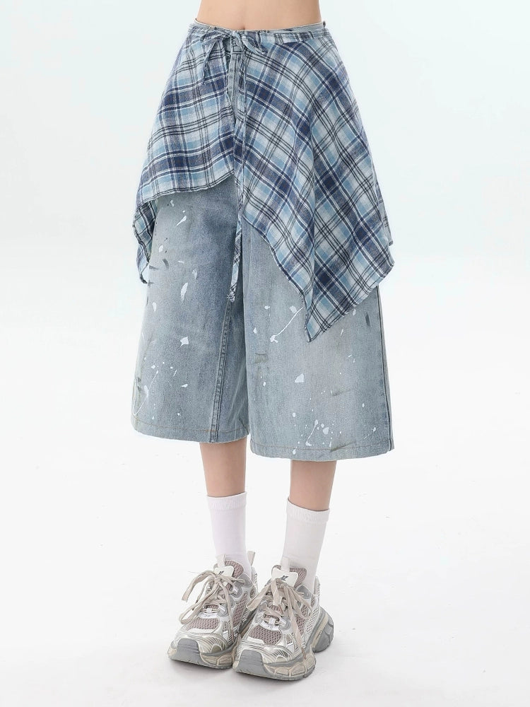 Plaid Overlay Distressed Denim Culottes