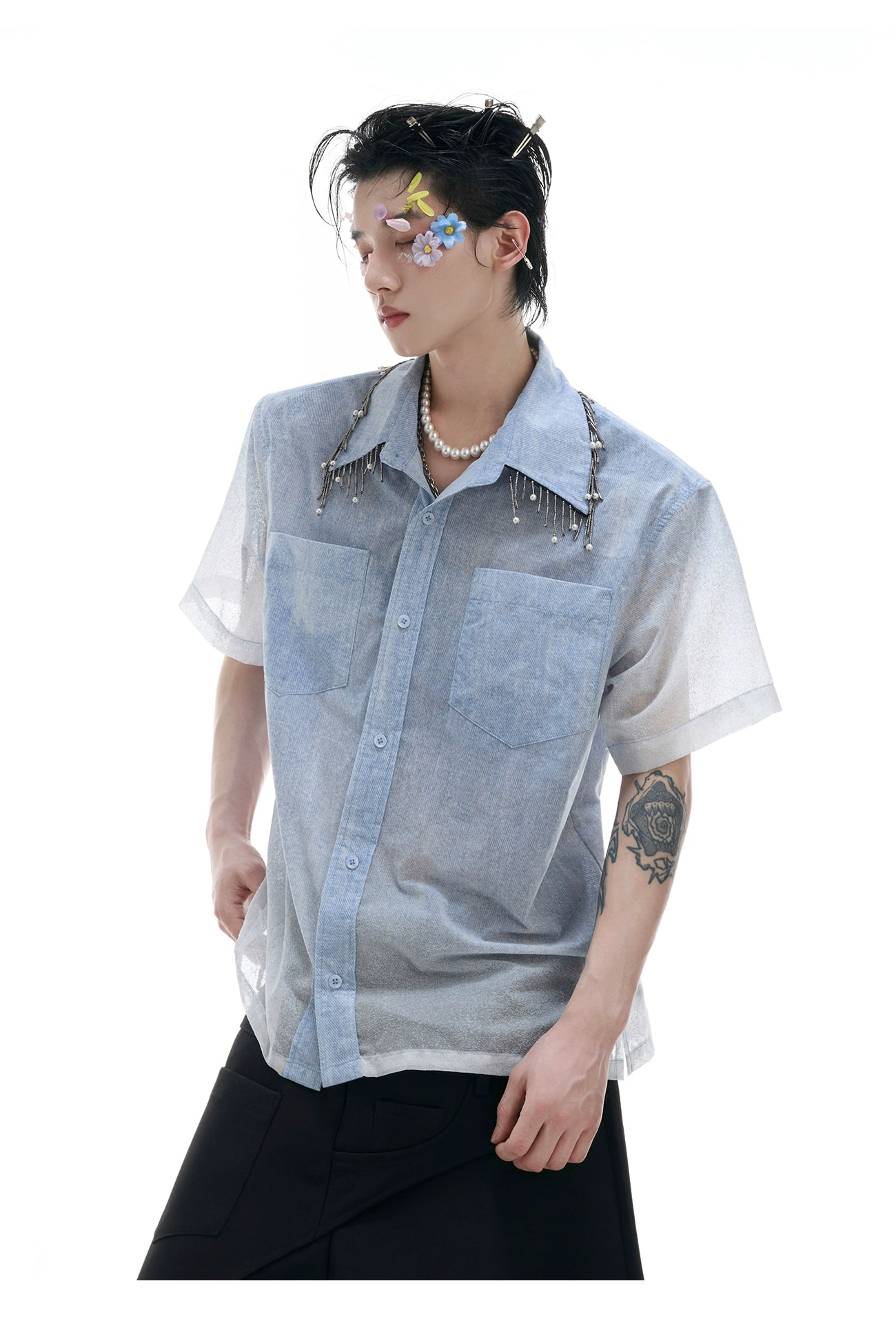 Denim Patchwork Short Sleeve Work Shirt
