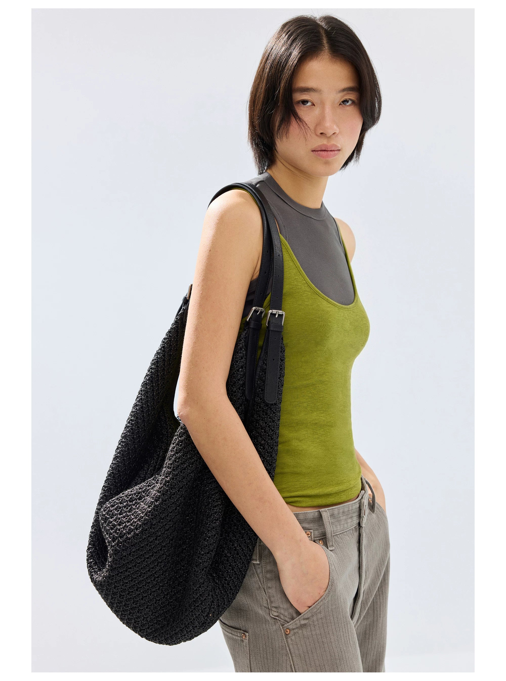 Black Slouchy Knit Shoulder Bag