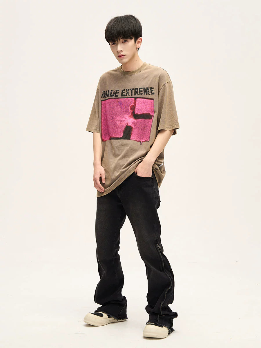 Acid Wash Graphic T-Shirt with Pink Print