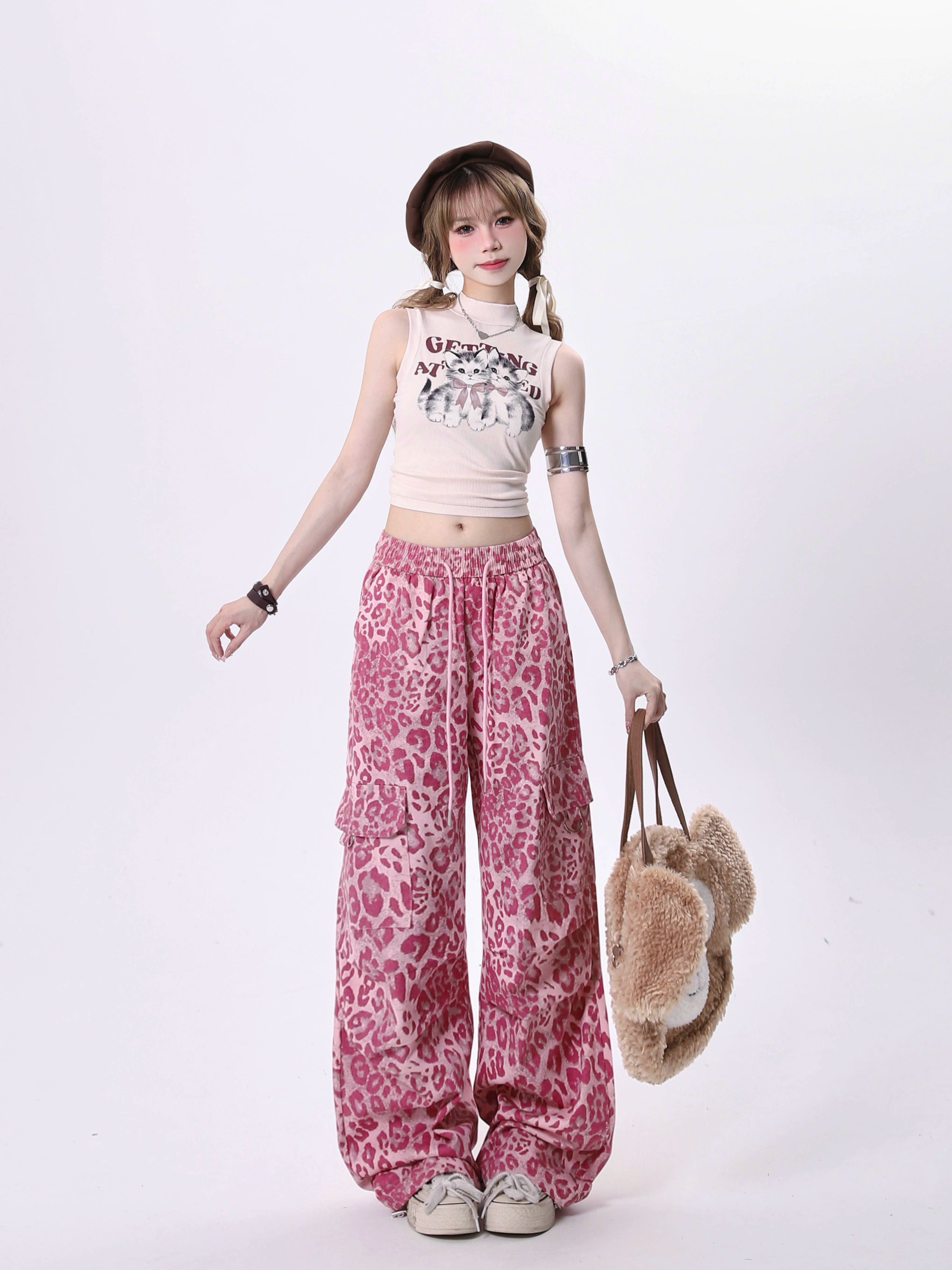 Pink Leopard Print Wide Leg Cargo Pants