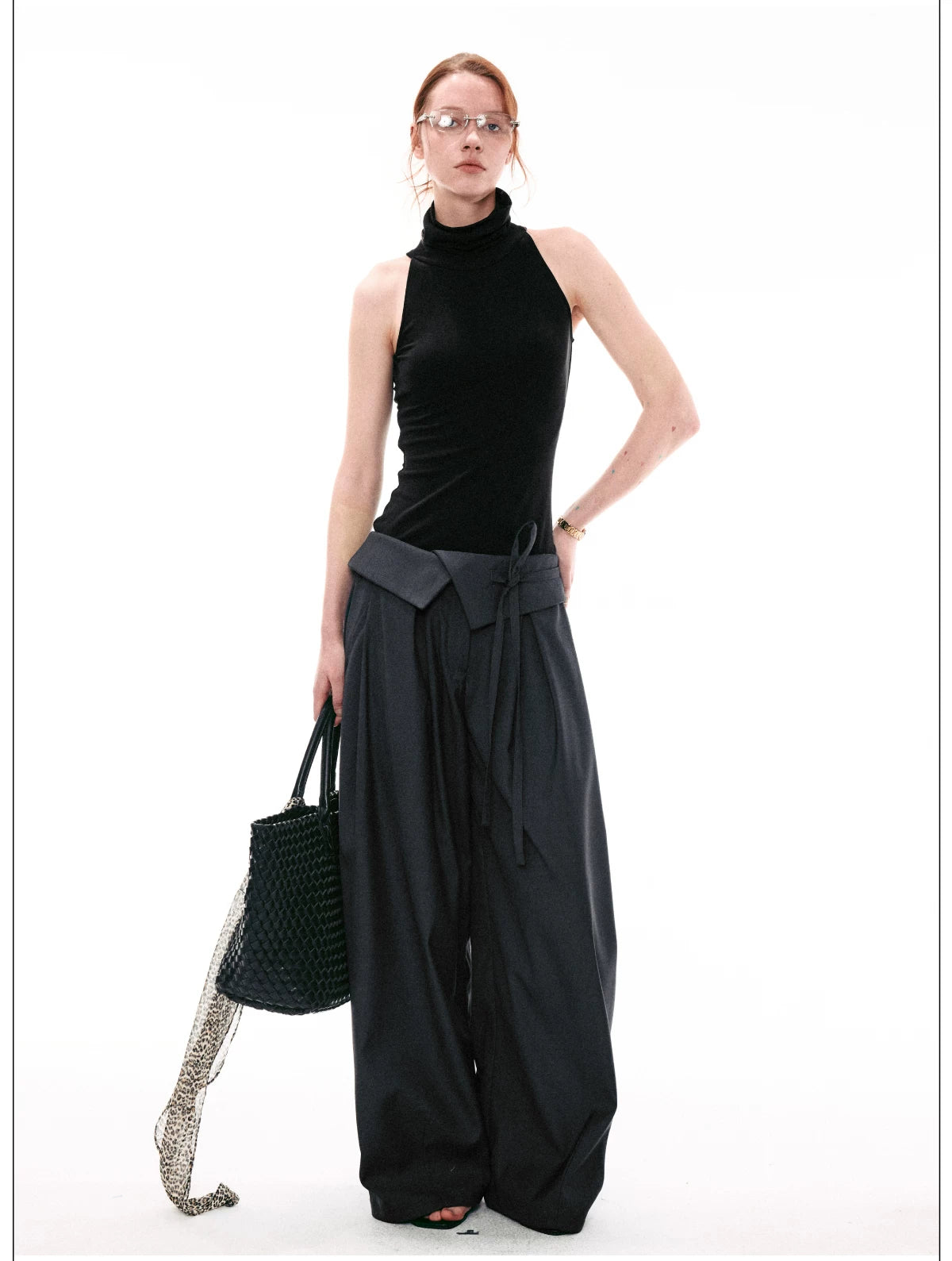 Foldover Tie-Waist Wide Trousers